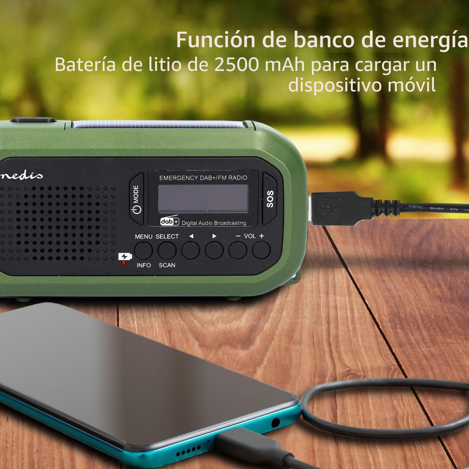 Radio de Emergencia – Versión portátil – Dab+ / FM – Funciona con Pilas/manivela/energía Solar/alimentación Mediante USB – Despertador – Verde/Negro