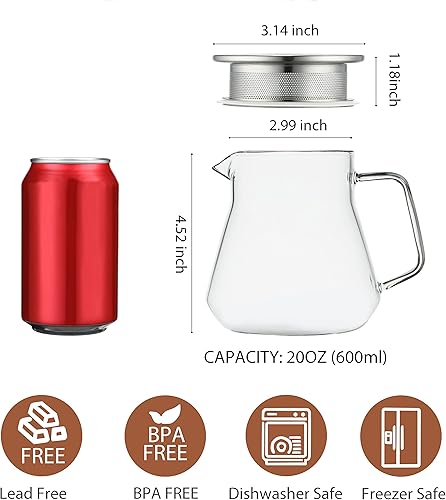 Miniatura 2 de CNGLASS One-Touch Glass Teapot,20oz(600ml) Glass Tea Kettle with Stainless Steel Filter Lid,Stovetop Safe Tea Maker for Loose Leaf Tea