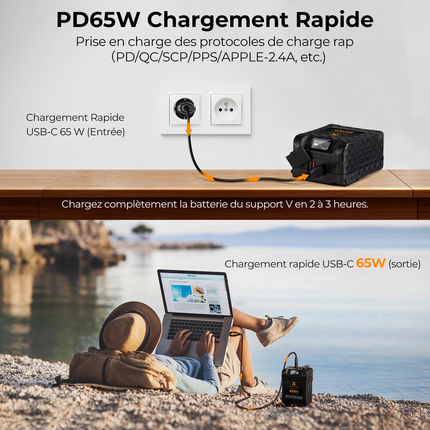 K&F CONCEPT Batterie V Mount 99 Wh 6700 mAh 14,8 V Mini Batterie V Lock 65W | Charge Rapide PD Bidirectionnelle avec D-Tap, USB-A, USB-C, BP, Écran OLED, pour Voyage/Camera/Smartphone KF-V99