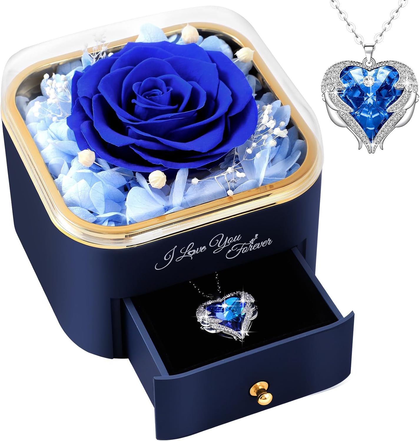 Ewige Echte Rose mit Halskette, Geburtstagsgeschenk für Mama Frauen Ewige Blume, Geschenke für Frauen Mama Oma Konservierte Rose Muttertagsgeschenk Ewige Rose – Blau