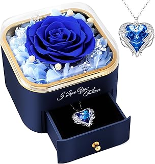 FRFG Rose Eternelle avec Collier Coeur, Cadeau pour Femmes pour la Saint-Valentin, Roses Préservé avec Bijoux, Cadeau Anniversaire Femme, pour Épouse Maman avec Bijoux Fête des Mères Noël - Bleu