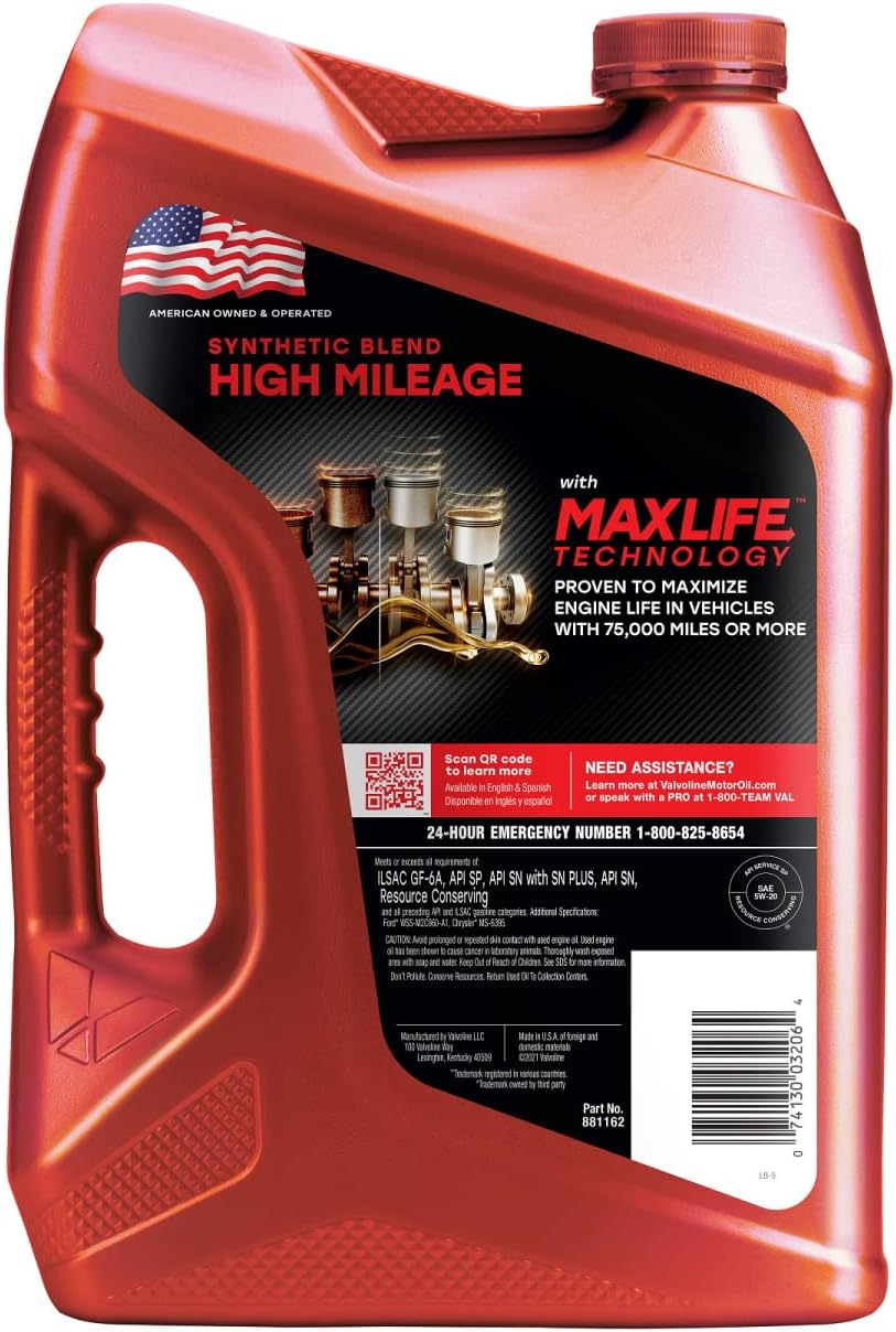 Valvoline High Mileage with MaxLife Technology SAE 5W-20 Synthetic Blend Motor Oil 5 QT, Case of 3 (Pack of 2) 4 71g2KgVYywL. AC SL1500