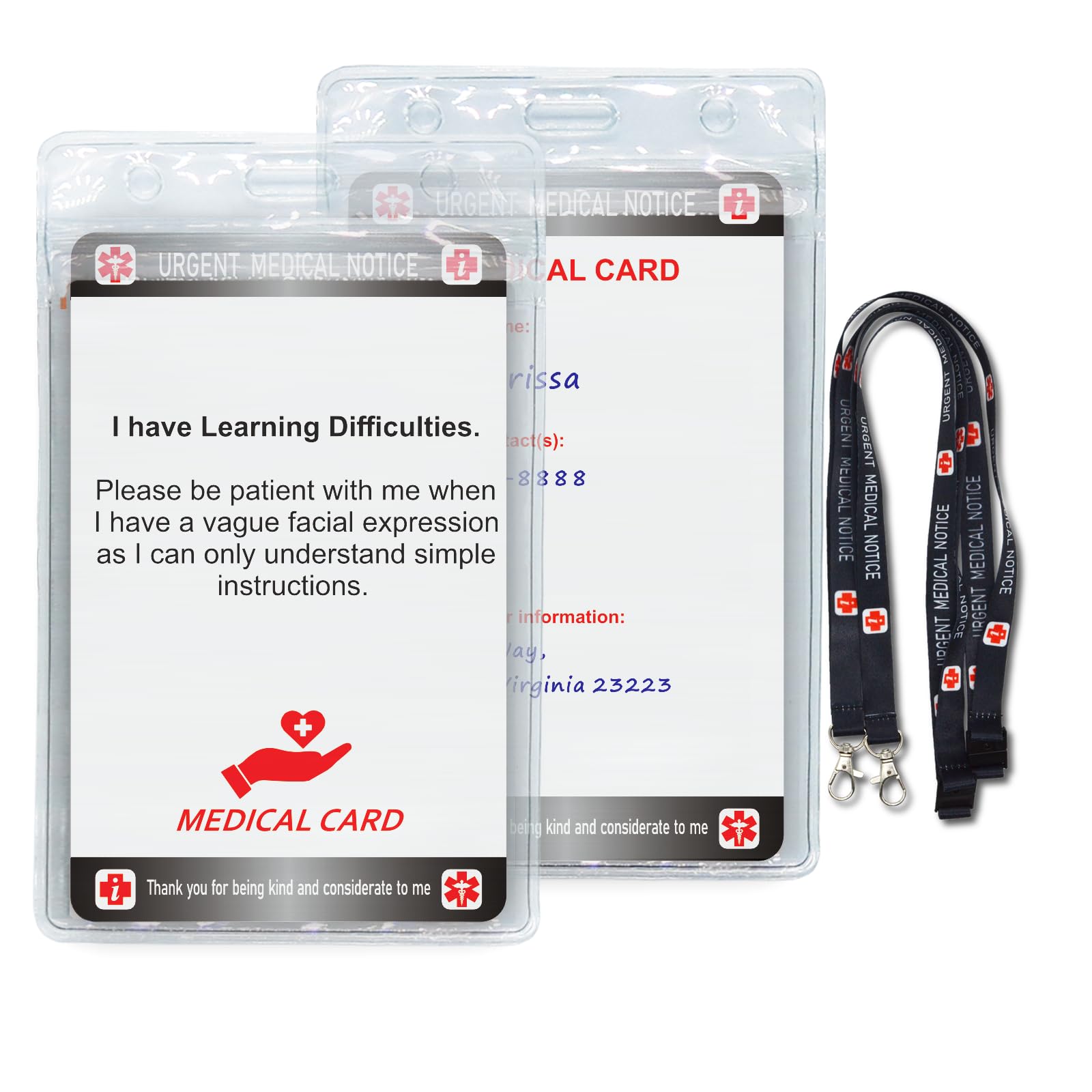 Learning Difficulties Medical Card with Writable Panel and Patterned Lanyard Emergency Contact Card โ image 1