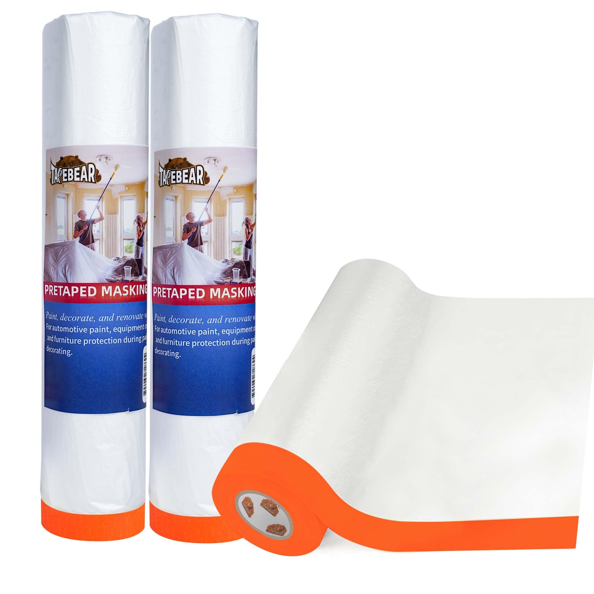 TAPEBEAR Pre-Taped Masking Film, 102" x 56Feet x 3Roll Plastic Sheeting Cover for Painting, Tape and Drape, Painters Masking Tape Film Plastic Drop