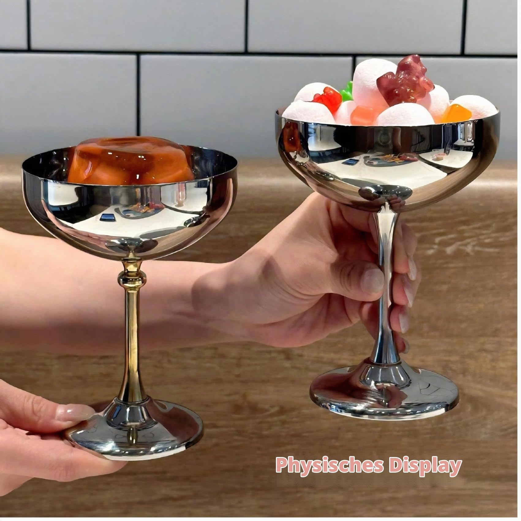4 Stück Eisbecher Edelstahl Set, Dessertgläser mit Standfuß Bruchsicher Spülmaschinenfest Dessertschalen für Eis,Fruchtpudding,Salat Modernes Design für Zuhause (Silber und Groß-270ML)