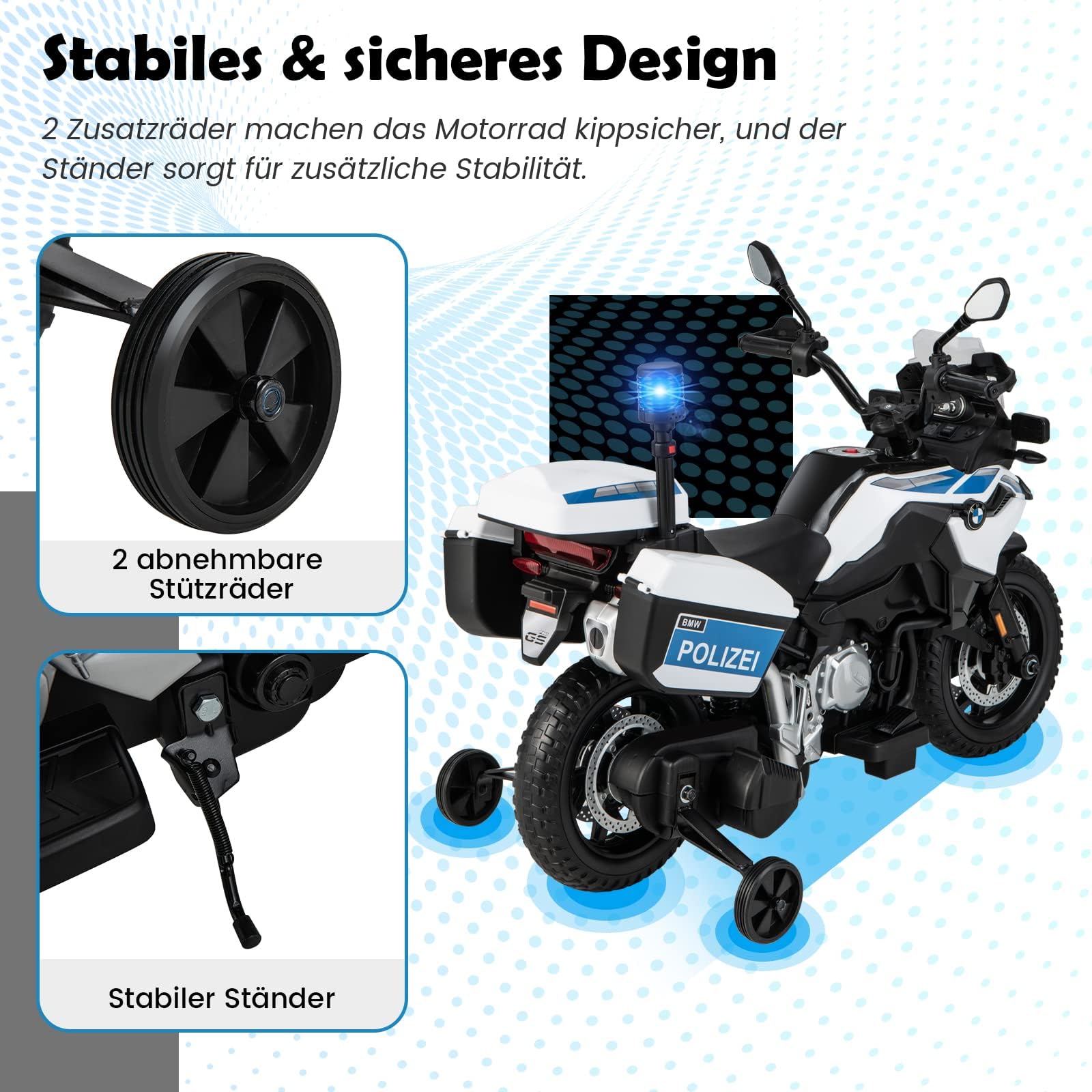 FANTASK 12V BMW Kinder Elektromotorrad Polizei mit Musik und Polizeilicht, Kindermotorrad mit 2 Stützrädern, 3-6 km/h, geeignet für Kinder ab 3 Jahre alt,110L x 63B x 82,5H cm