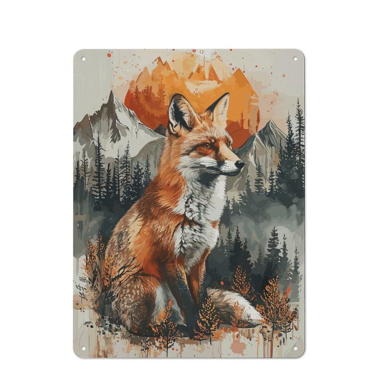 Cafe Style Decorative Metal Plaque 40x30cm Featuring Fox Sunset Watercolor, Bistro Wall Plaque for Tea Room, Shop Wall Or Breakfast Area