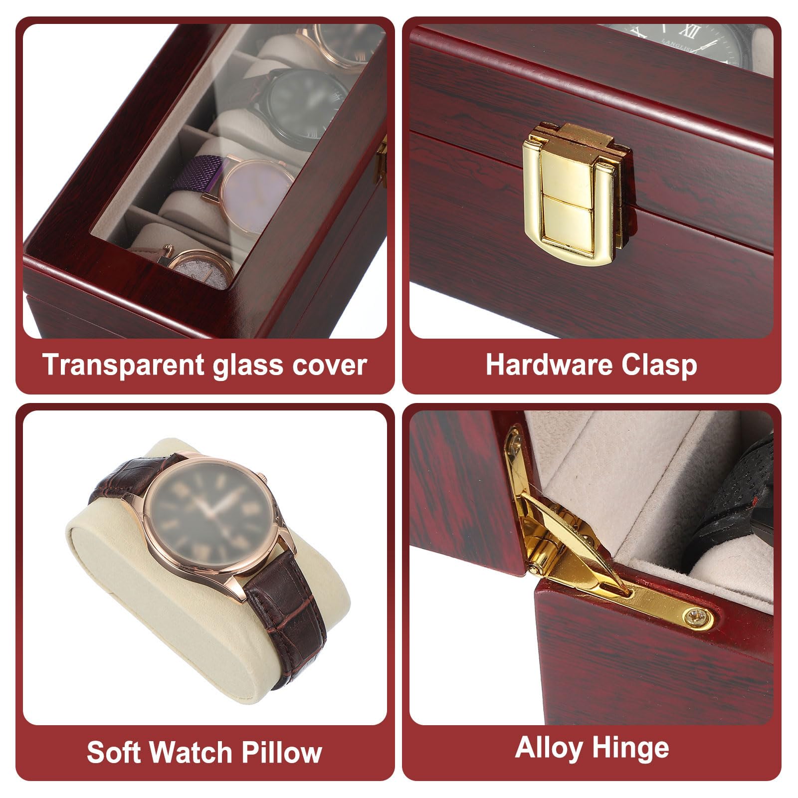 Boîte de Rangement pour Montres sourcing Map à 12 emplacements, boîte à Montres pour Hommes avec Couvercle en Verre, boîte à Montres en Bois avec Coussin Amovible pour Montres, Rouge