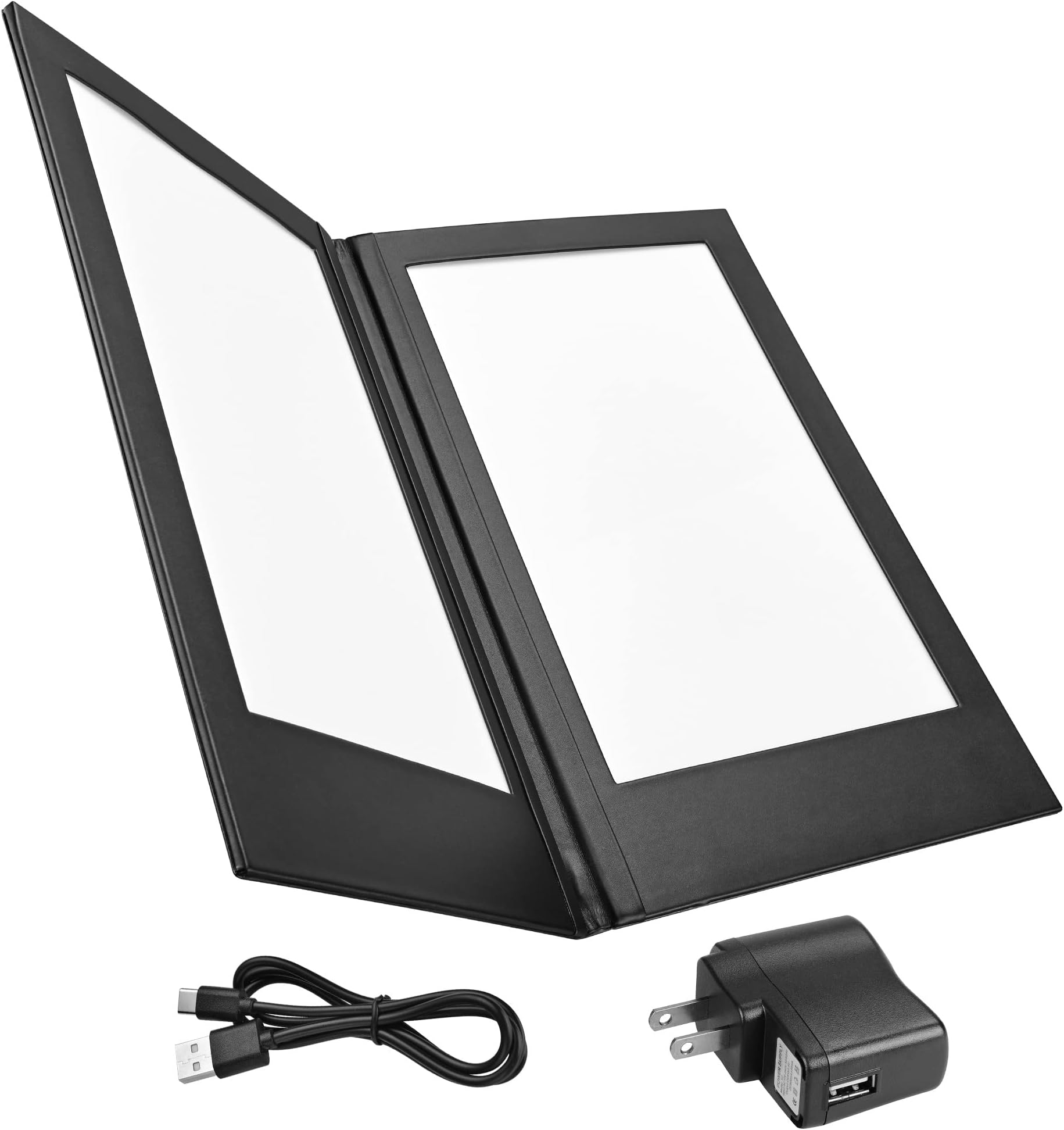 WeChef 2-Panel Book Style LED Backlit Illuminated Menu Holder 10"x17" Holder Check Sign Display Bar Leather Black