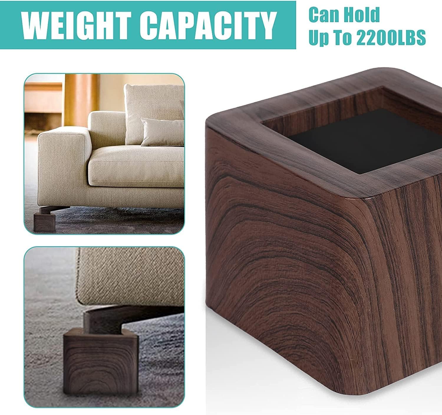 Wood Bed Risers Heavy Duty Furniture Risers Lift Block-3 Inch, Lifts Up to 2200 LBs Couch Sofa Desk Table Chair Risers (More Realistic Woody Feel—Walnut Wood Grain), Set of 4