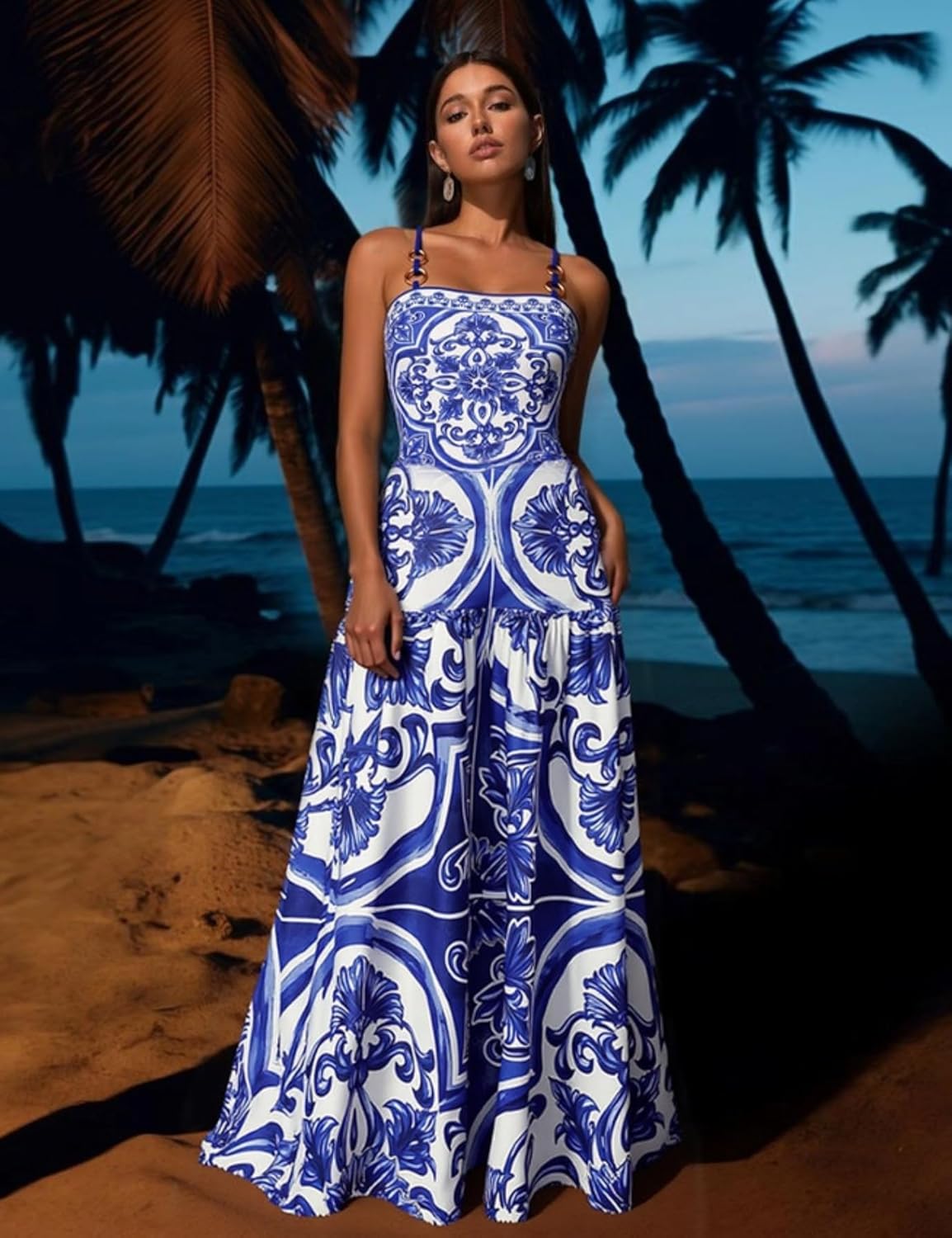 FLAXMAKER Women's One Piece Sling Classic Majolica Adjustable Bathing Suits Back Lace up Swimsuit with Skirt/Shorts