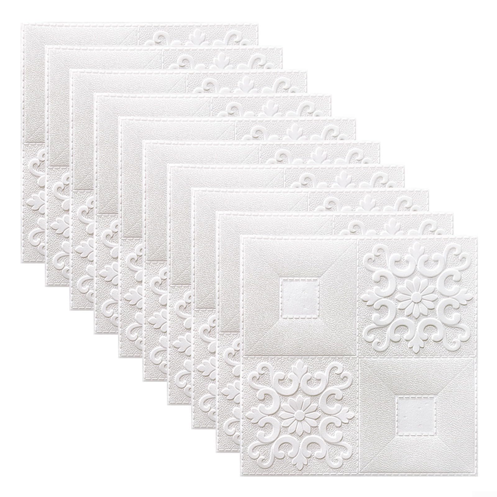 10Pcs 3D Wall Sticker Soft Foam Panels, Ceiling Tiles Panels Texture Wall Sticker Decorative Wall Sticker Panels for Home Living Room TV Sofa Background Decor, 35x35cm(White)