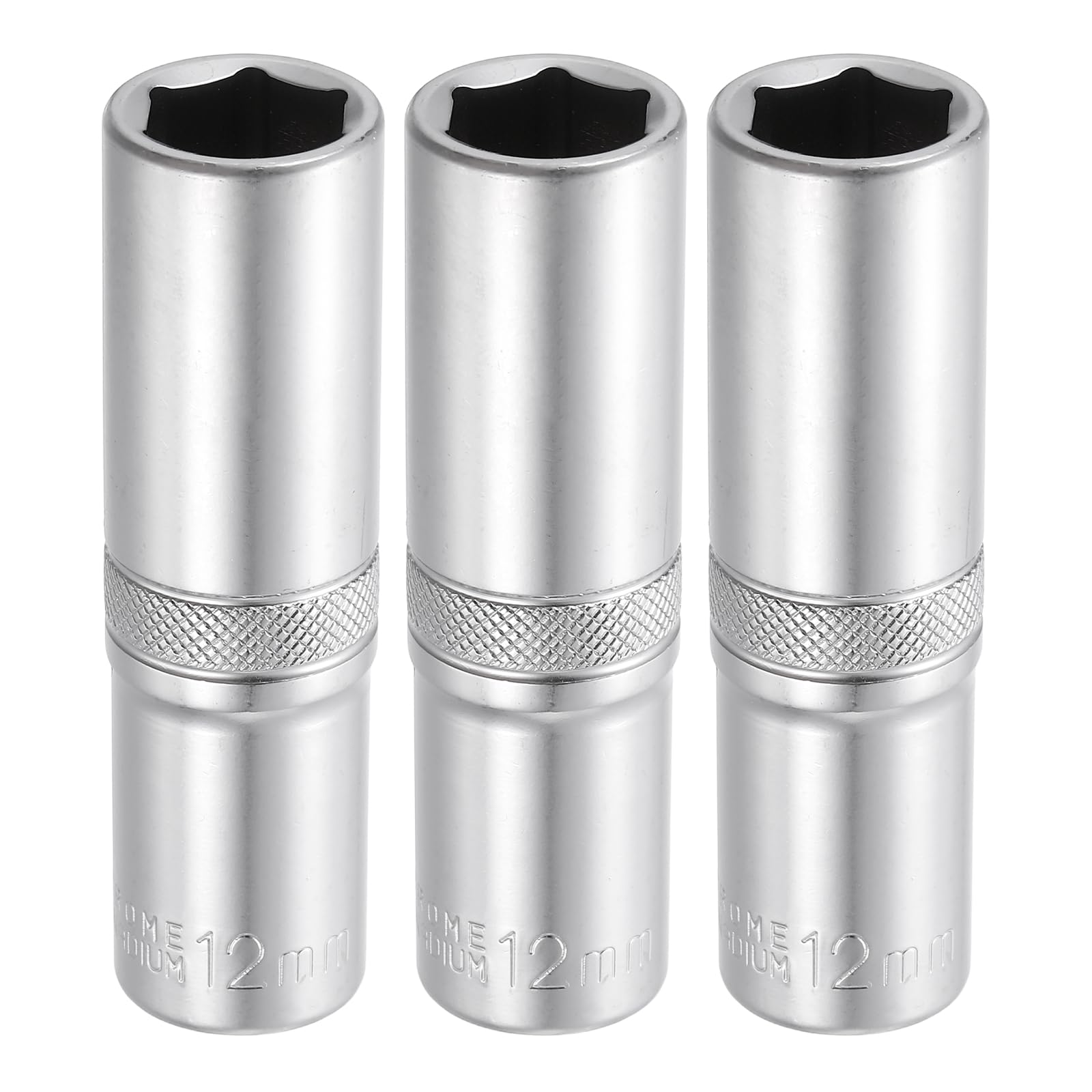 sourcing map 3pcs 6 Points Deep Socket 3/8" Drive 12mm Deep Metric CR-V Steel Polished Nickel Plating Impact Sockets 64mm / 2.5" Long Flip Sleeve Tool for Home Auto Nuts Bolts Repair