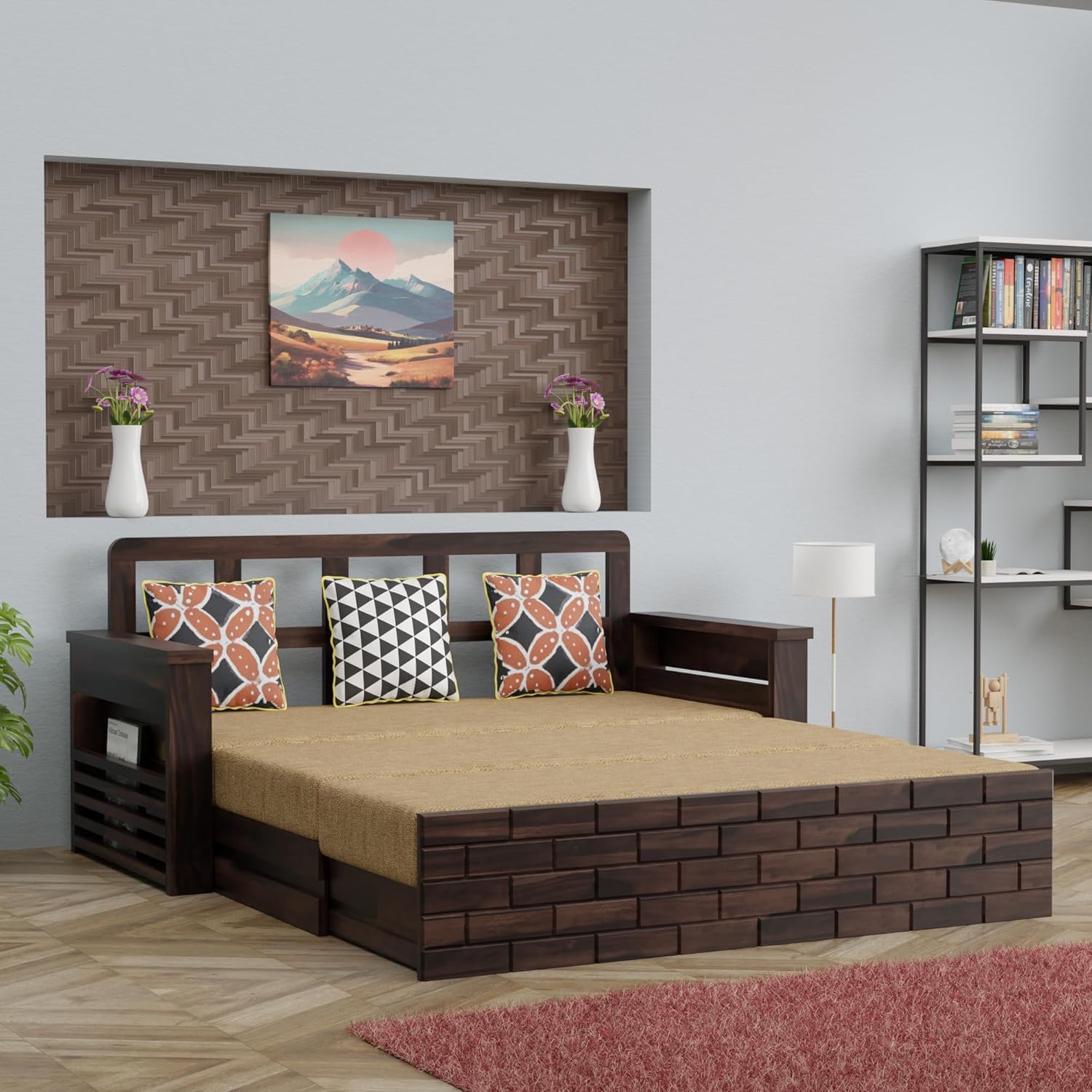Sheesham Wood 3 Seater Sofa Cum Bed with Storage Side Pockets for Living Room | Three Seater Sofa Com Bed | Wooden Sofa Bed for Home | 3-Person Sofa | Brick Design | Walnut & Cream Sheesham Wood 3 Seater Sofa Cum Bed with Storage Side Pockets for Living Room | Three Seater Sofa Com Bed | Wooden Sofa Bed for Home | 3-Person Sofa | Brick Design | Walnut & Cream