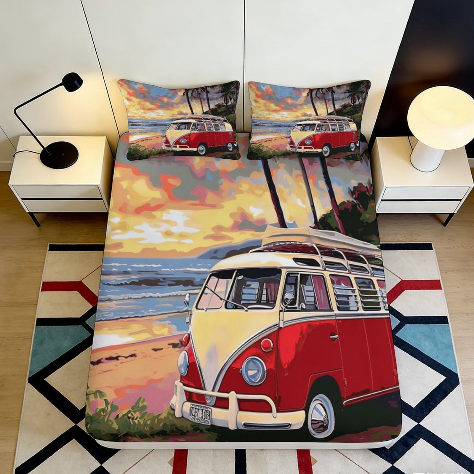 3D Printed Beach Bus Fitted Sheet Microfiber Deep Pocket Non-Slip Beach Bus Mattress Fitted Cover for Bedroom Teen Adult 200x200x25cm 90x200x25cm