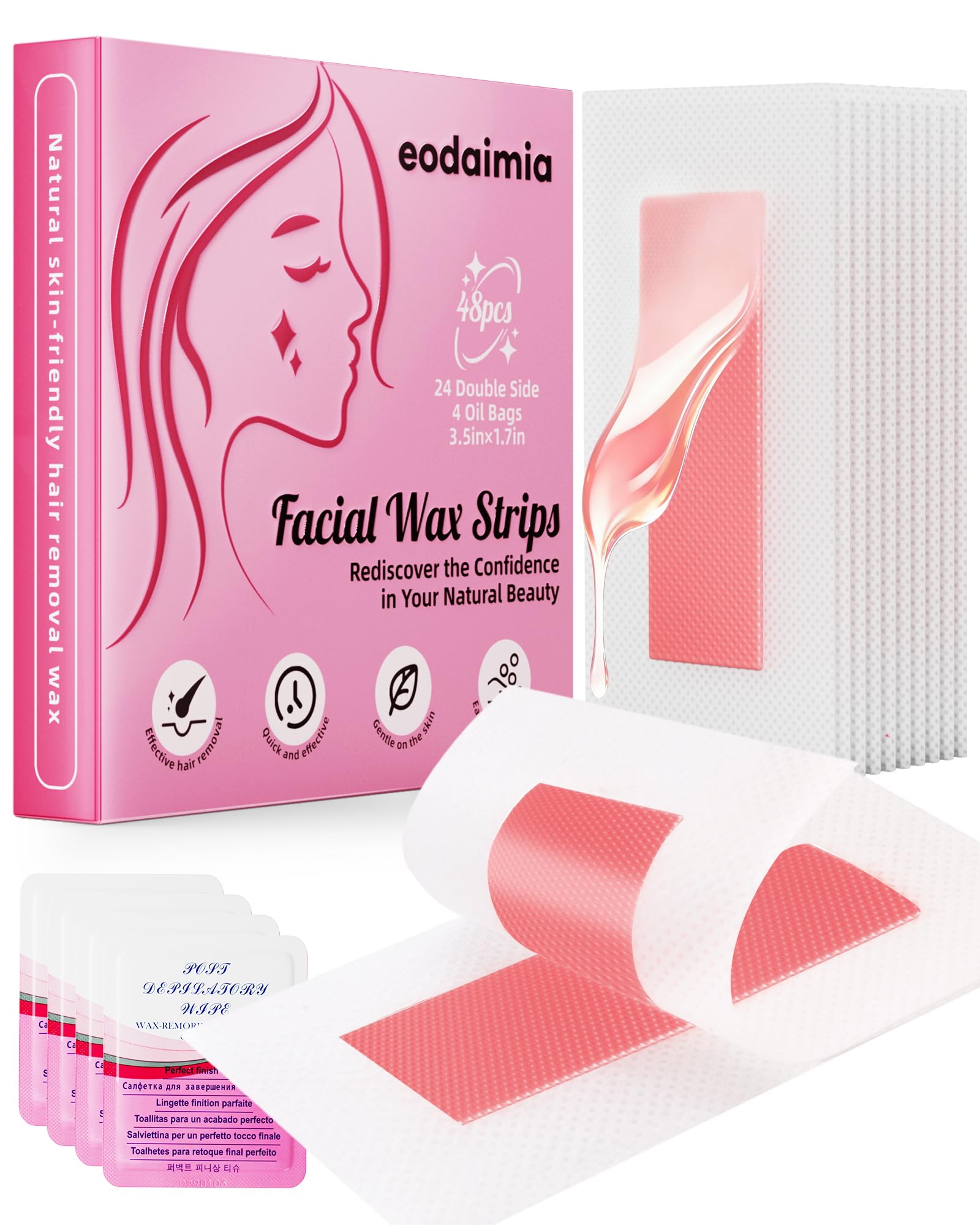 eodaimia 48pcs Wax Strips For Face, 48 Facial Wax Strips For Women, Waxing Kit For Women's Face, Eyebrow, Lip, Bikini, Chest, Body & 4 Calming Oil Wipes, Face Waxing Strips For All Skin Types