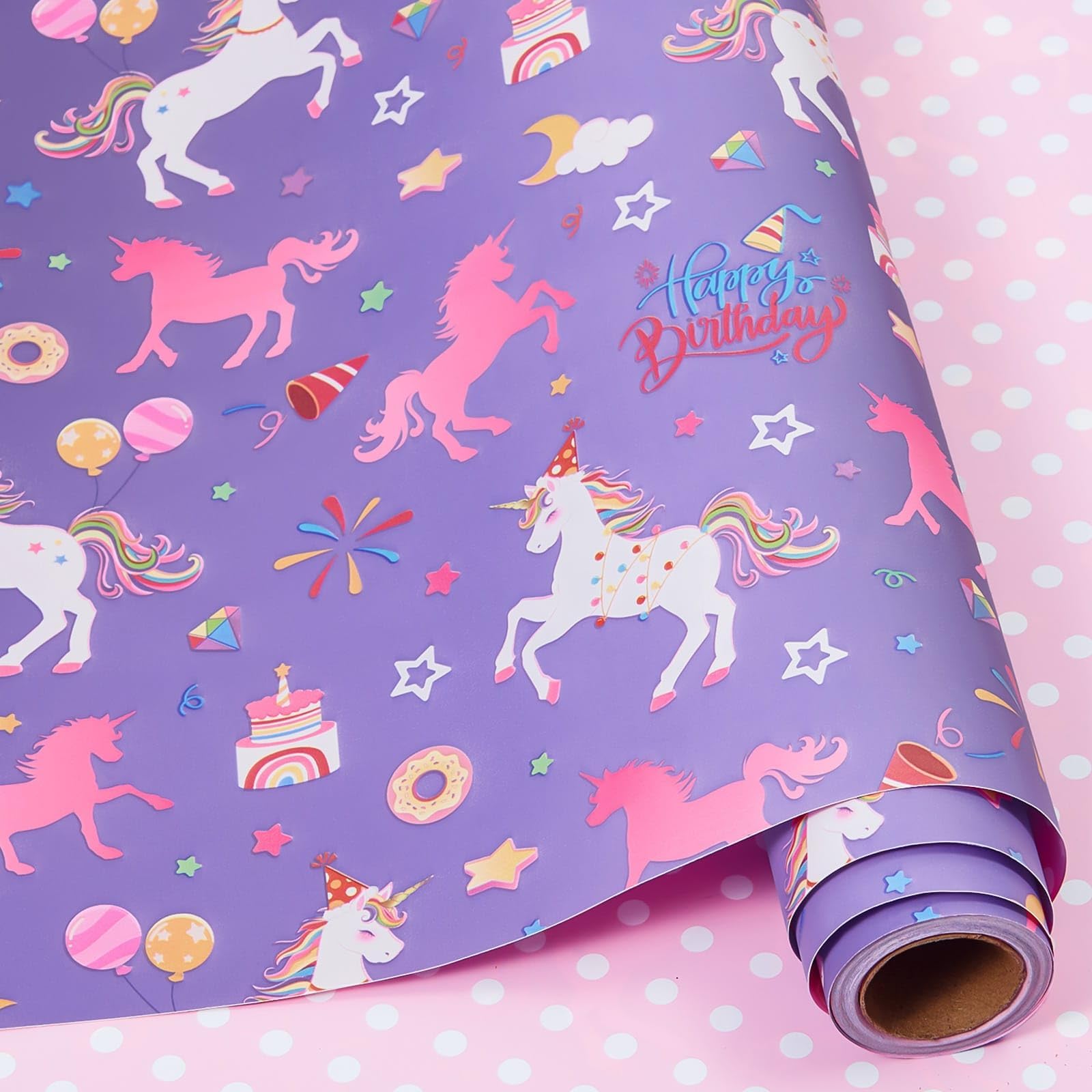 WERNNSAI Unicorn Princess Happy Birthday Wrapping Paper Girl, 33 ft x 17" | Pink with White Polka Dots, Unicorn Birthday Gift Wrapping Paper, Girls Princess Theme Party Favor, Baby Shower