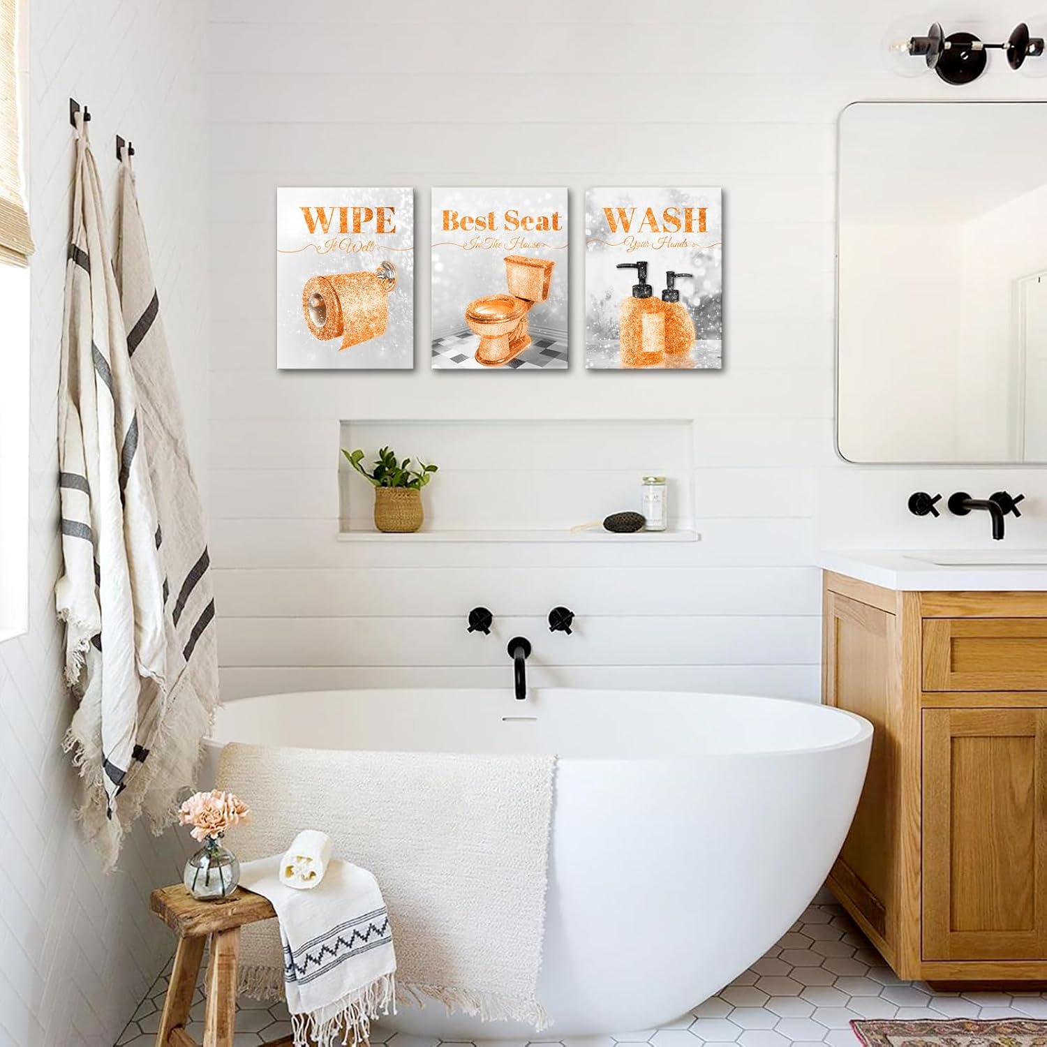 FuShvre Orange Bathroom Wall Art Decor 3-Piece Glam Pictures Canvas Prints Toilet Rules Signs for Modern Washroom Decorations Framed 12x16 inches each (Orange)