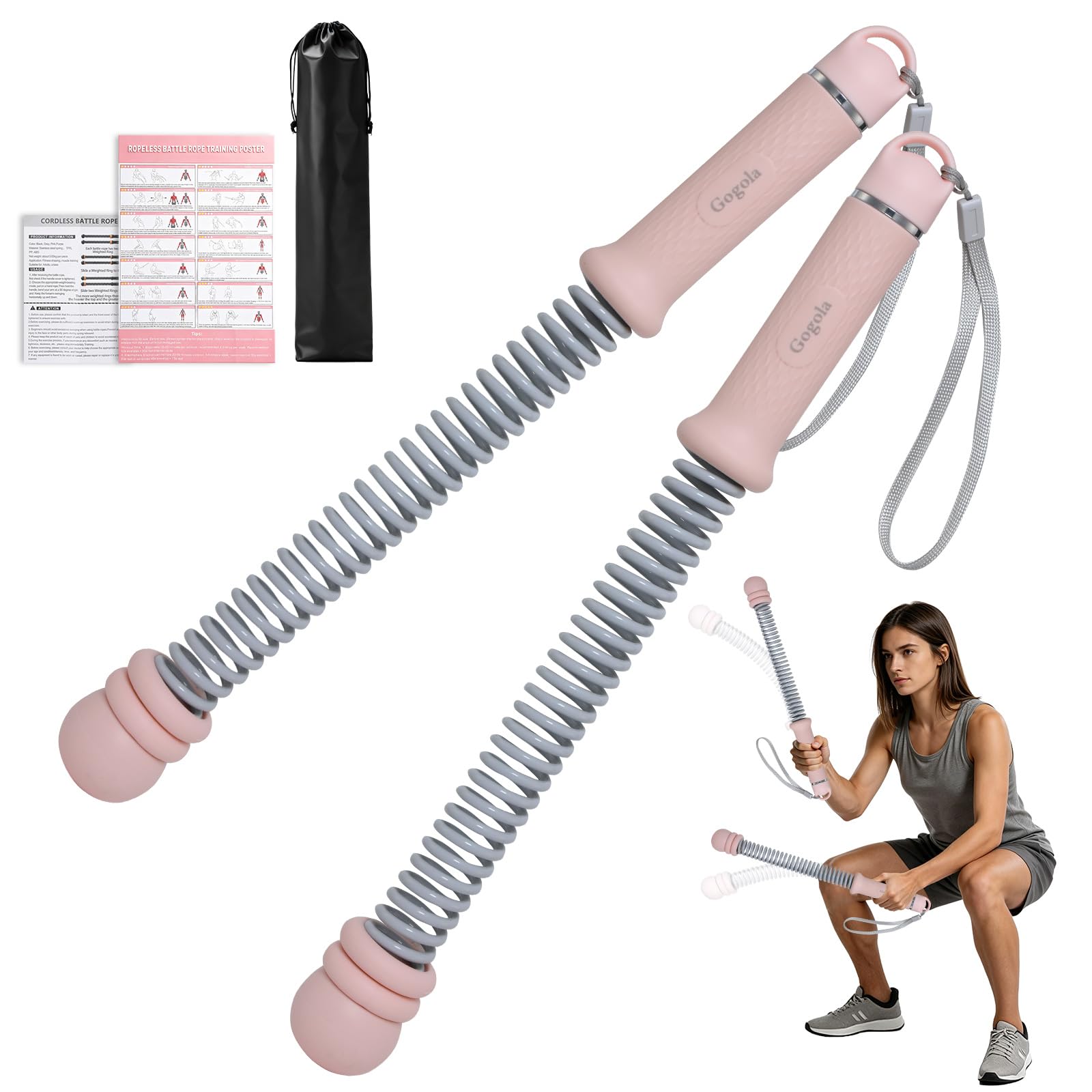 Gogola Verstellbare Battle Rope Ohne Seil ，Leise Gewichtete Seillose Kampfseile für Zuhause Gym,Mit Silikon Griff & Aufbewahrungstasche für Ganzkörperstraffung, HIIT & Krafttraining