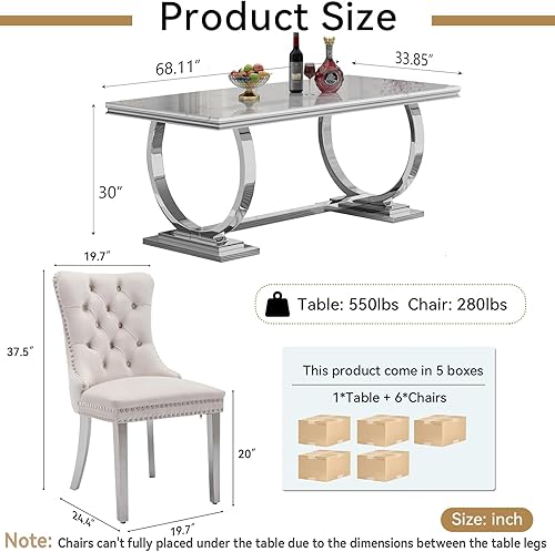 Miniatura 4 de Juego de mesa de comedor de mármol sintético, 7 piezas, juego de mesa de cocina y comedor para 6, mesa de comedor rectangular blanca de 70 pulgadas
