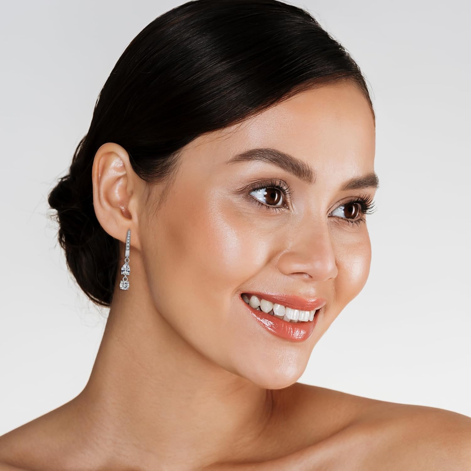 Gold Plated Two-Stone Dangle Huggie Earrings for Women - Elegant Cubic Zirconia Hoop Earrings with Pear & Round Cut Stones - Lightweight, Hypoallergenic & Stylish Jewelry Gift - Image 4