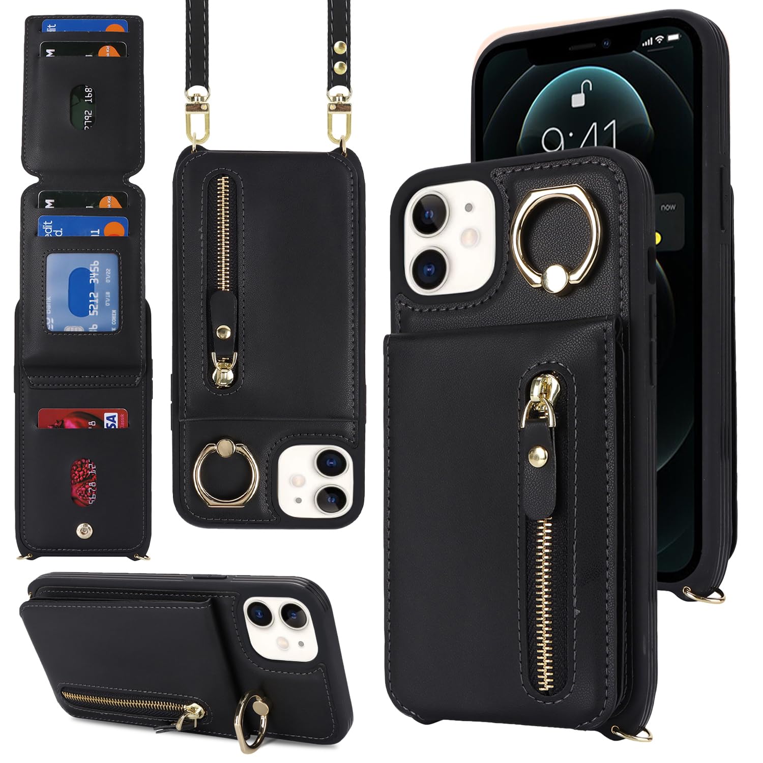 DEYHU iPhone 12 Case with Card Holder for Women, iPhone 12 pro Phone Case Wallet with Strap Credit Card Slots Crossbody with Kickstand Zipper Case - Black