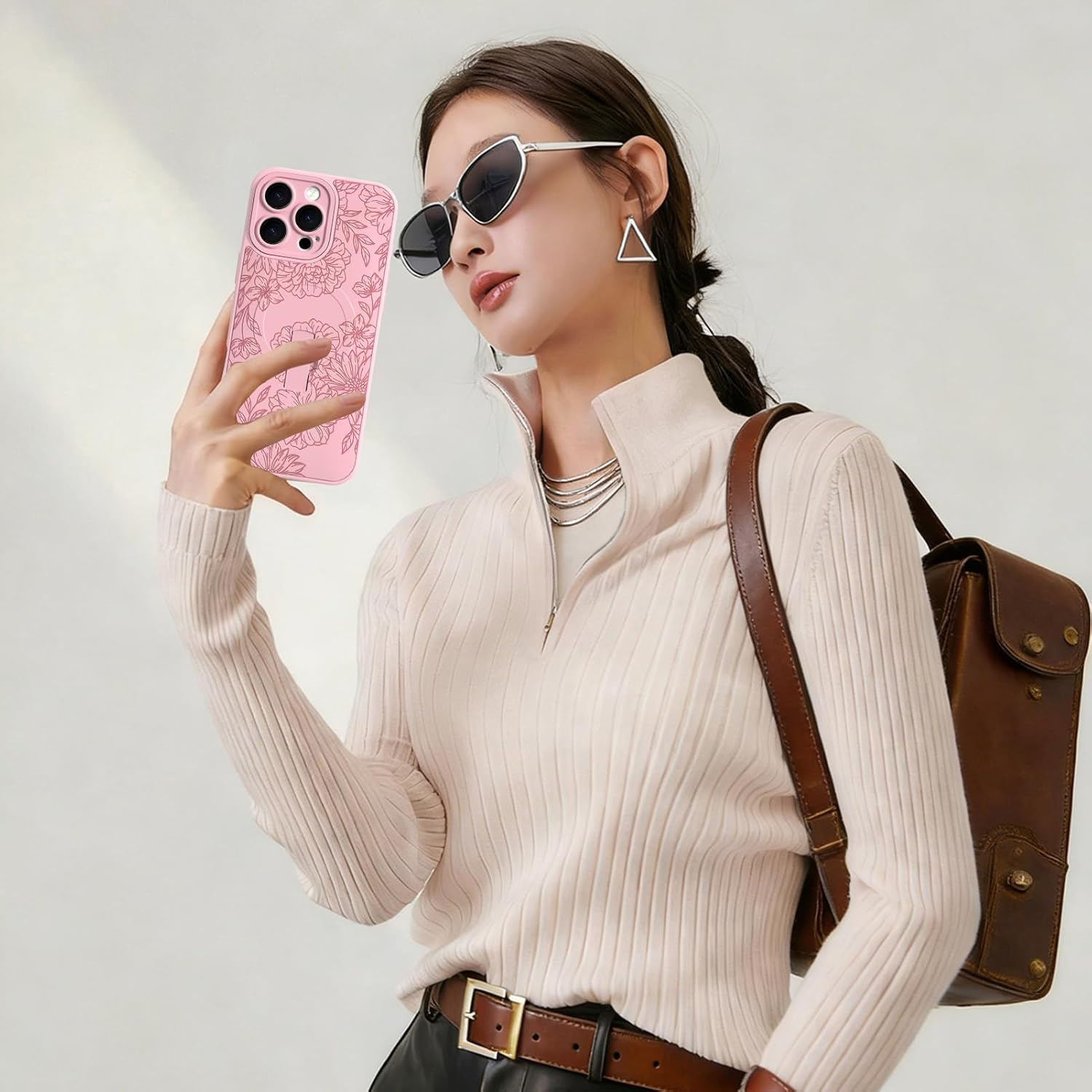 Designed for iPhone 16 Pro Max Pink Line Peony Floral Pattern Case [Compatible with Magsafe] with Finger Strap Kickstand Shockproof Anti Drop Camera Protective for Girls Women