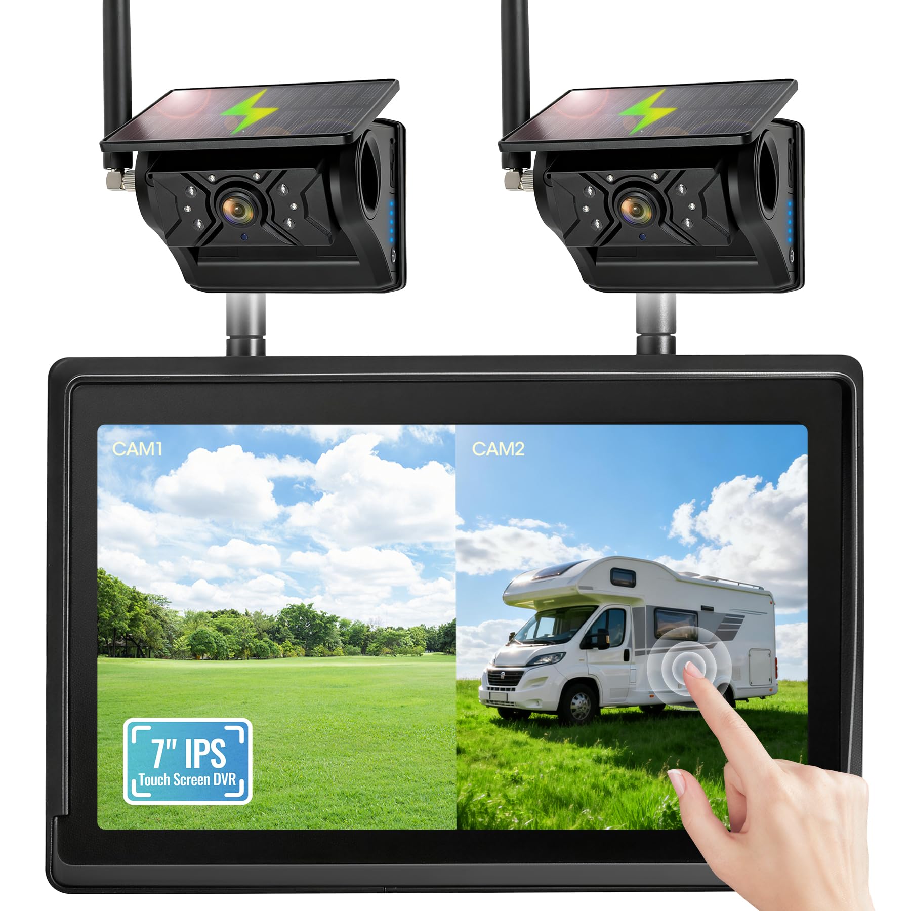 Photo 1 of HEECOOMI Magnetic Solar Wireless Backup Camera System, 7" IPS Touchscreen with DVR, Rechargeable IR Night Vision Rear View Camera, Zero Wiring RV Camera for Hitching Trailers/Fifth Wheels/Campers, AH7