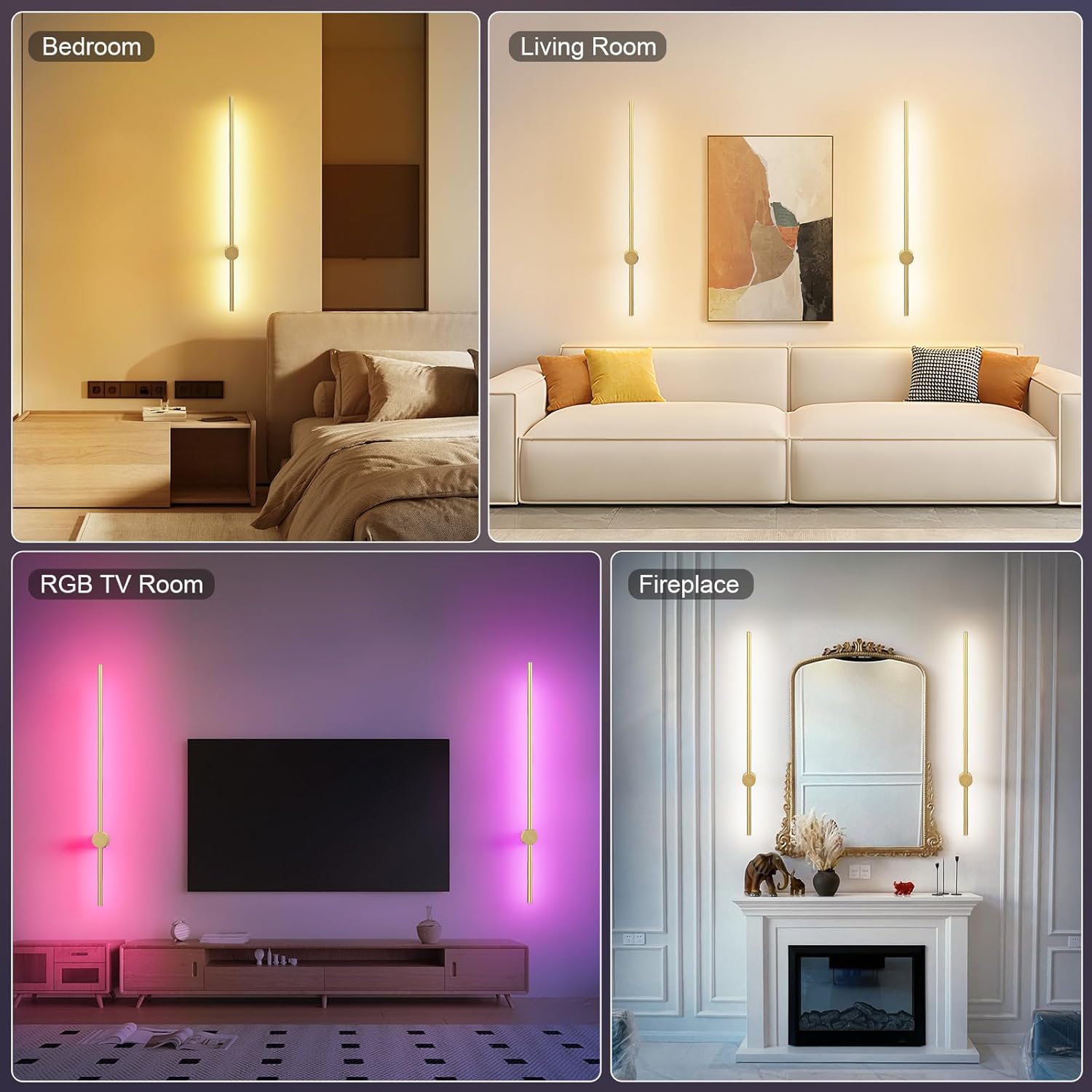 NIORSUN 35.4 Inch Battery Operated Wall Sconce Set of 2,Gold Minimalist Rechargeable LED Wall Lights with Remote, 10 Colors Dimmable Wireless Wall Sconce for Living Room Bedroom Hallway
