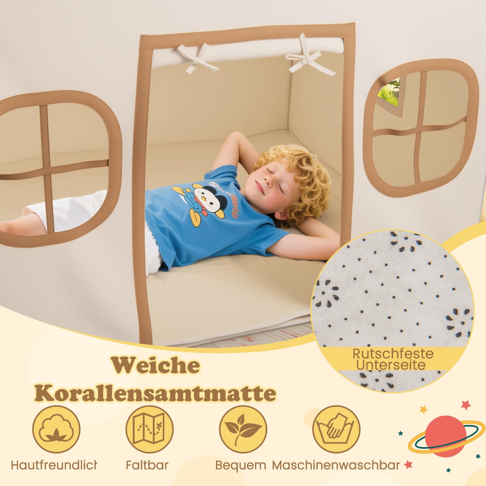 COSTWAY Spielhaus Kinder Indoor, Kinderzelt mit Sternlichter & Gepolsterte Matte, Spielzelt mit Türvorhang & Fenstern, Kinderspielhaus für Jungen & Mädchen ab 3 Jahren (Beige)