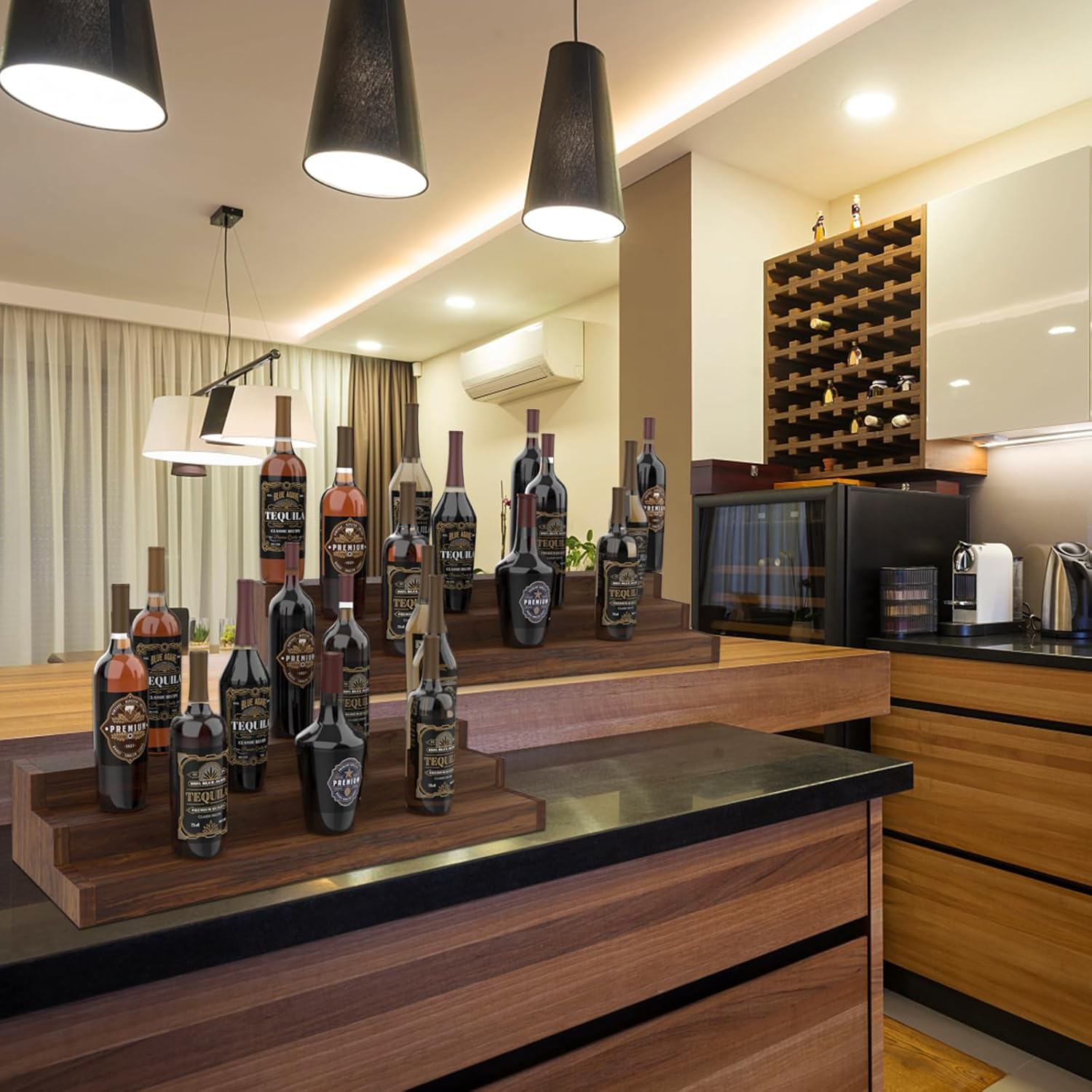 tongmo 2 Pack Liquor Bottle Stand - 3 Tier Liquor Bar Bottle Display Shelf, Holds 42 Bottles, Real Wood, Easy to Clean, No Installation Required - 30 Inch Each (Dark Walnut)