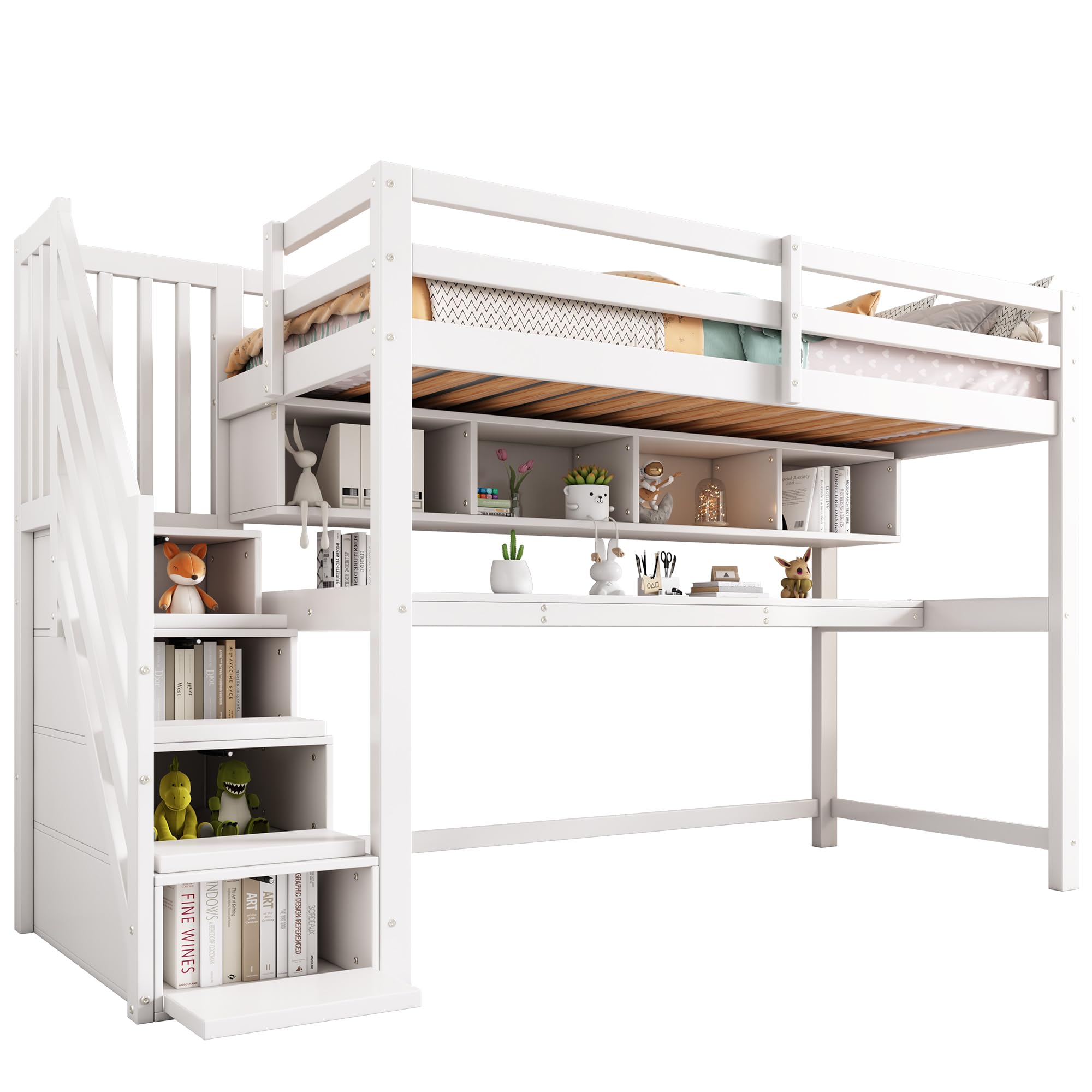Hochbett Kinder 90x200 mit Schreibtisch, Kinderbett mit Stauraum-Treppe und Bücherregalen, Massivem Kiefernholz, Weiß,1 Kinder (B-Weiß)