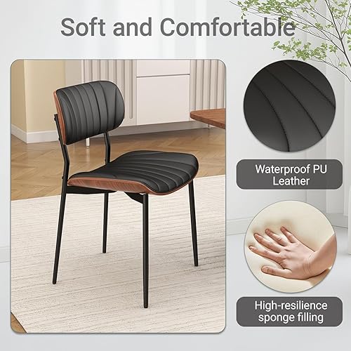 Miniatura 4 de Juego de 2 sillas de comedor modernas de mediados de siglo, sillas de cocina tapizadas de piel sintética con respaldo de madera curvada de nogal y