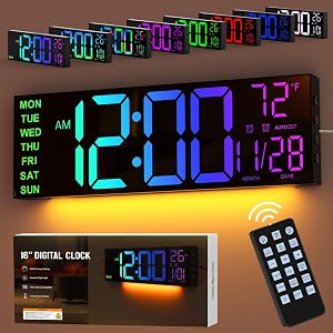 GOLOZA 16" Large Digital Wall Clock, Led Clock with Remote Control, Dual Alarms, 10 Brightness Dimmer, 8 Colors, 5 Volume, Auto DST, ℃/℉, Timer, Alarm Clocks Bedside for Heavy Sleepers