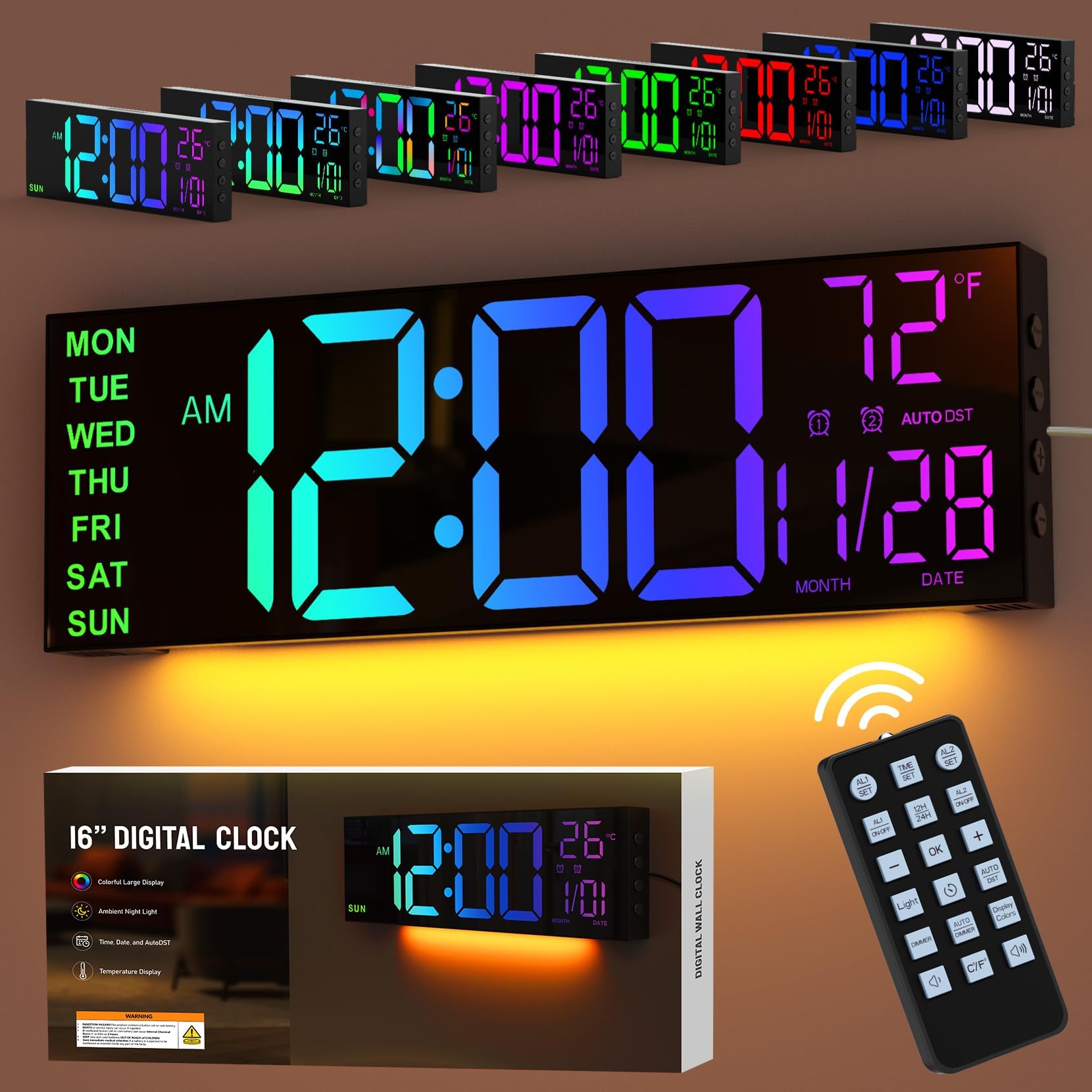 GOLOZA 16" Large Digital Wall Clock for Bedroom, Led Clock with Remote Control, Dual Alarms, 10 Brightness Dimmer, 8 Colors, 5 Volume, Auto DST, ℃/℉, Timer, Alarm Clocks Bedside for Heavy Sleepers