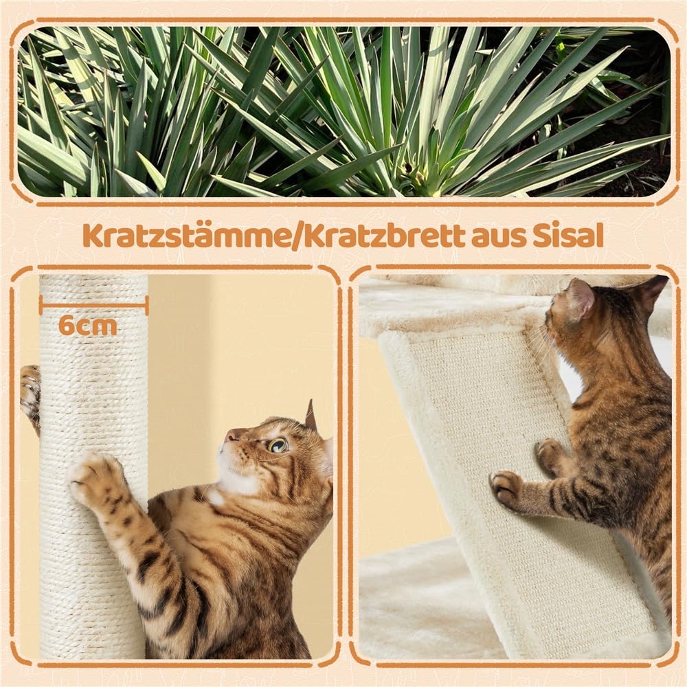 Yaheetech 145 cm Kratzbaum groß Katzenbaum mit Kratzbrett & Korb beige | FSC-zertifizierte Spanplatten | Mehrere Kratzsäulen auf jeder Ebene & zusätzliches Kratzbrett | mit Kippsicherung | Stabil
