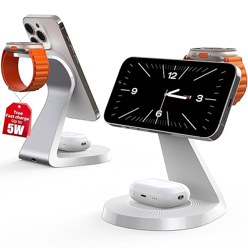 3 in 1 Charging Station for Apple Devices,Mag-Safe Charger Stand Fast Charging,Wireless Charger for iPhone 16/15/14/13/12 Series,& AirPods,& iWatch(USB-C Charger Included) - White