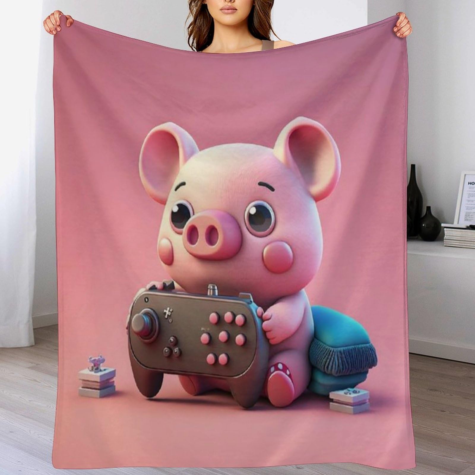 Plaid cochon mignon en flanelle premium 180x200cm, jeté de lit ultra doux et résistant