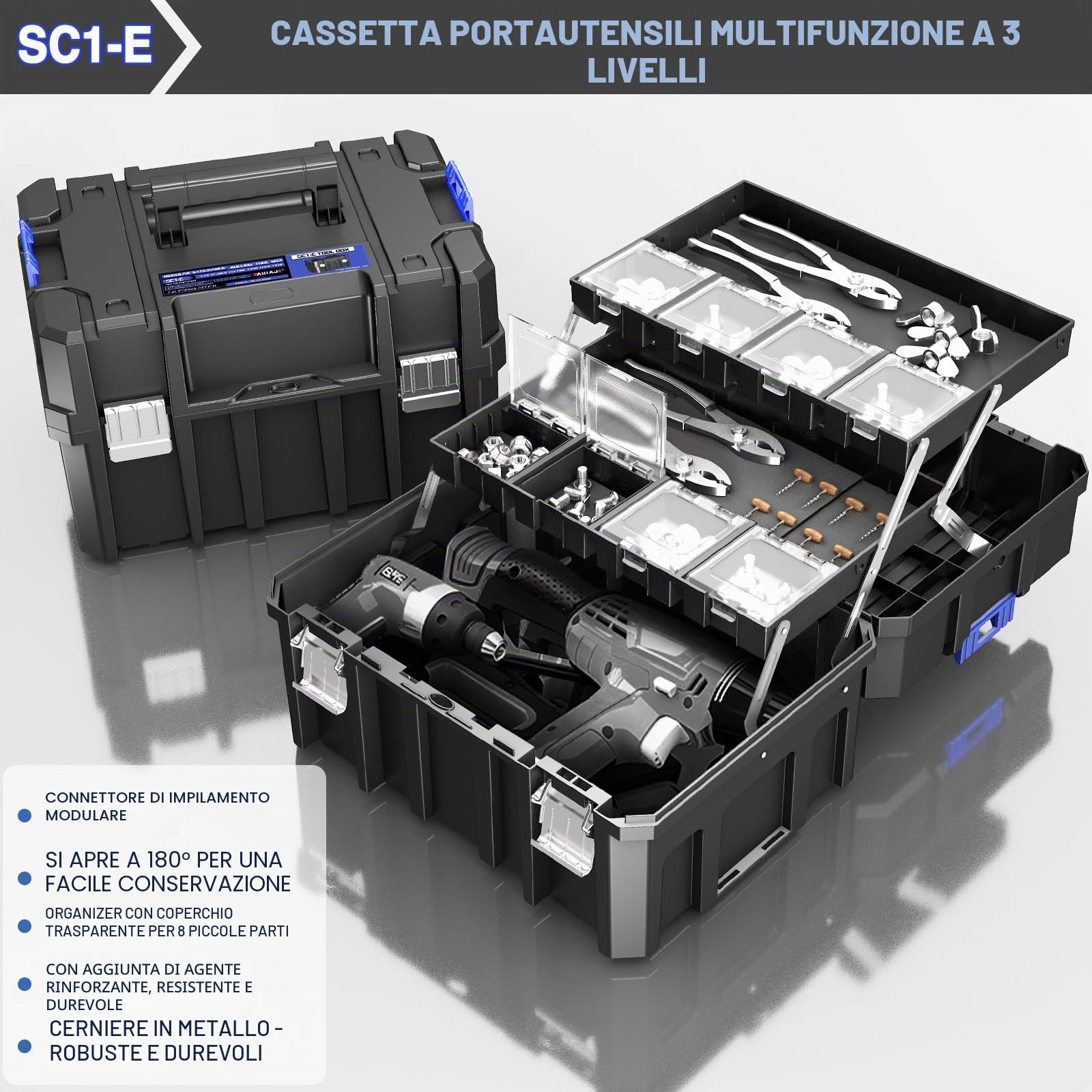 Cassetta Attrezzi con Ruote a Cinque Strati,Cassetta Attrezzi Vuota Modulare Impilabile,Cassetta Porta Attrezzi Portatile con Cassetti,Robusto e Durevole