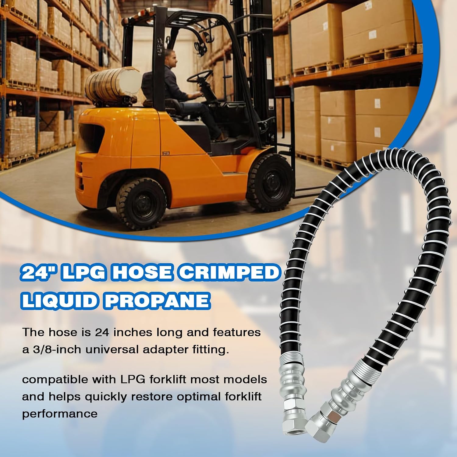 24" LPG Hose Crimped Liquid Propane Universal Assembly with Spiral Guard and Tank 3/8" Fittting Connection, Suitable for Forklift Trucks