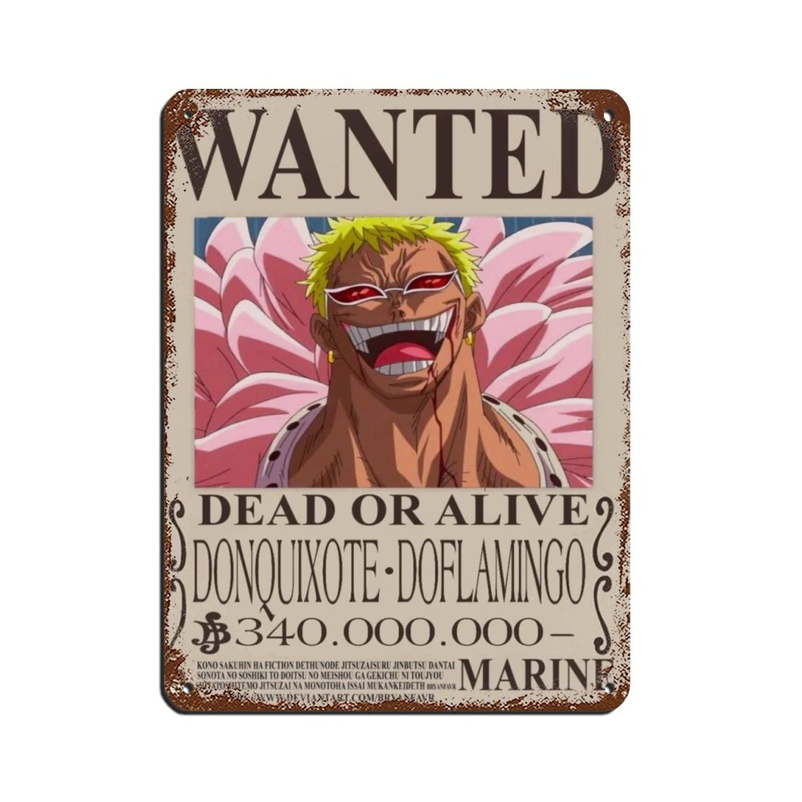 FUKITT One Piece Donquixote, Doflamingo Wanted Poster (2) Tin Sign Vintage Metal Pub Club Cafe Bar Home Wall Art Decoration Poster Retro 12x16inch(30x40cm)