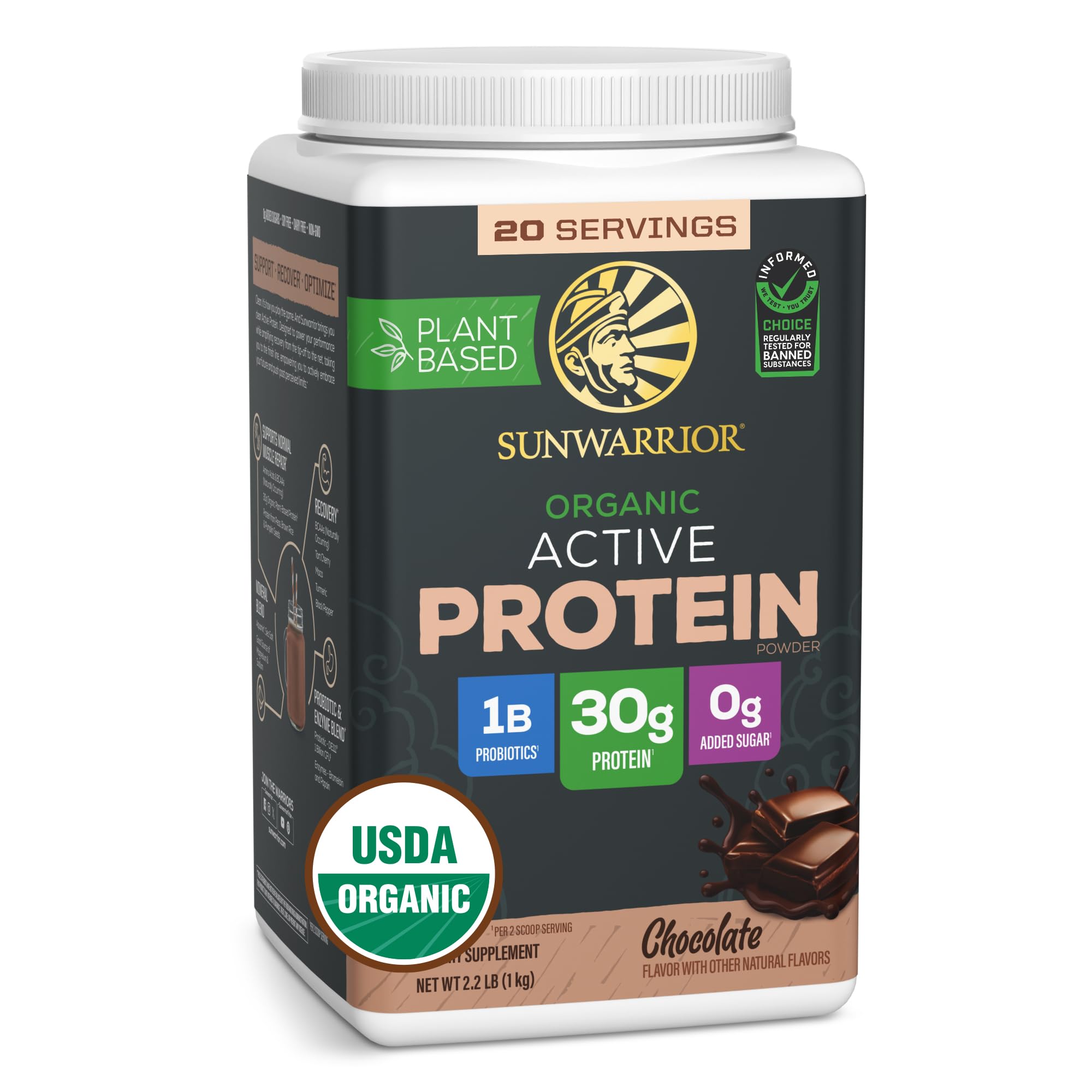 Sunwarrior Vegan Protein Shake with BCAA | Sports Nutrition with MCT Oil Organic Probiotic Amino Acids Plant Based Post Workout Recovery Drink Gluten Free | Active Protein Drink Chocolate 1kg 20srv