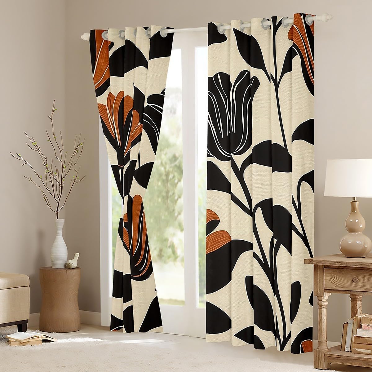 Feelyou Boho Flower Window Curtains for Living Room Orange Flowers Curtains Blackout for Kids Boys Girls Floral Print Window Drapes Vintage Retro Window Treatments 52W X 63L,2 Panels