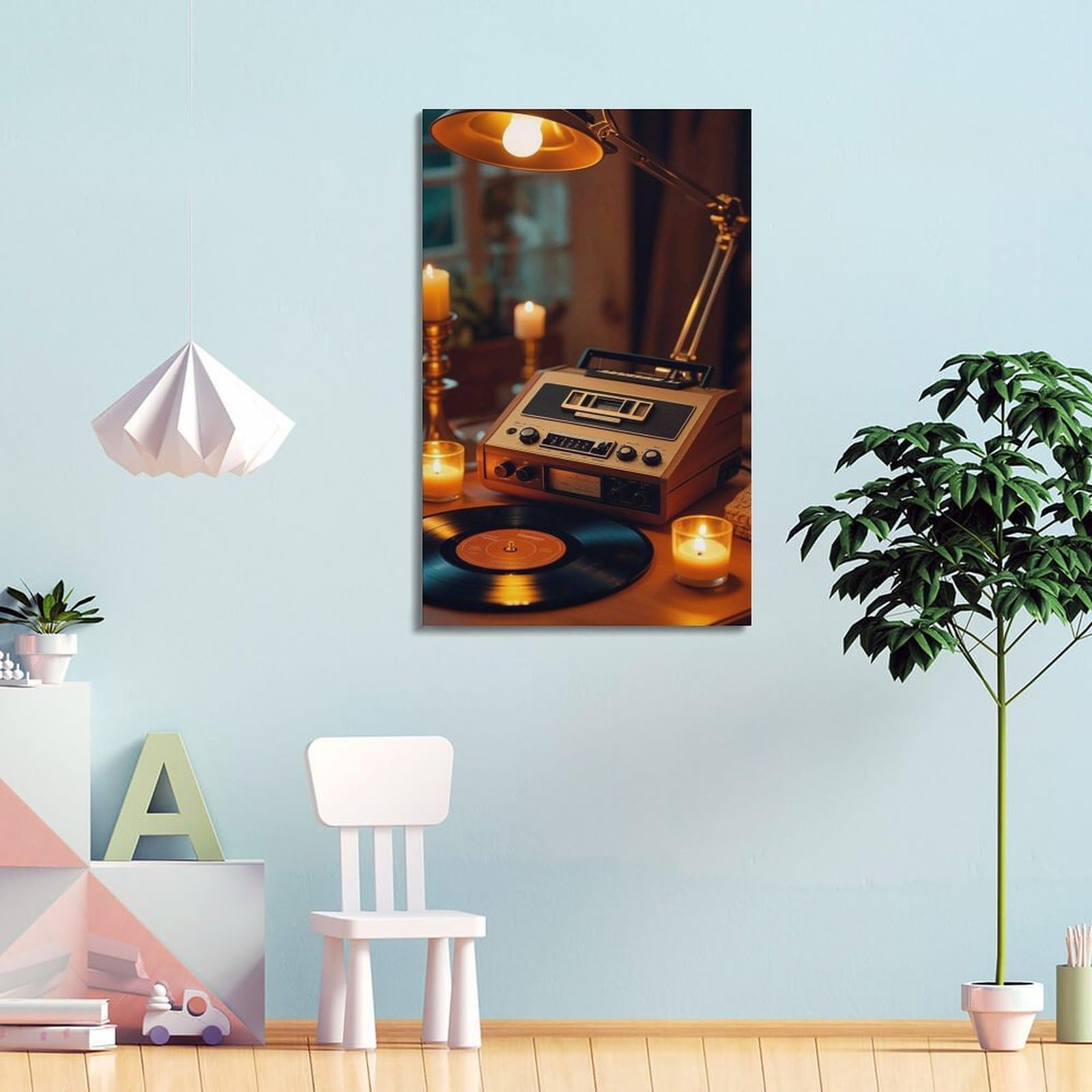Radio w stylu vintage z płytą winylową i świecami sztuka ścienna, przytulna muzyka retro dekoracja do domu i salonu plakat dekoracyjny obraz płótno plakaty ścienne i artystyczny obraz druk nowoczesny