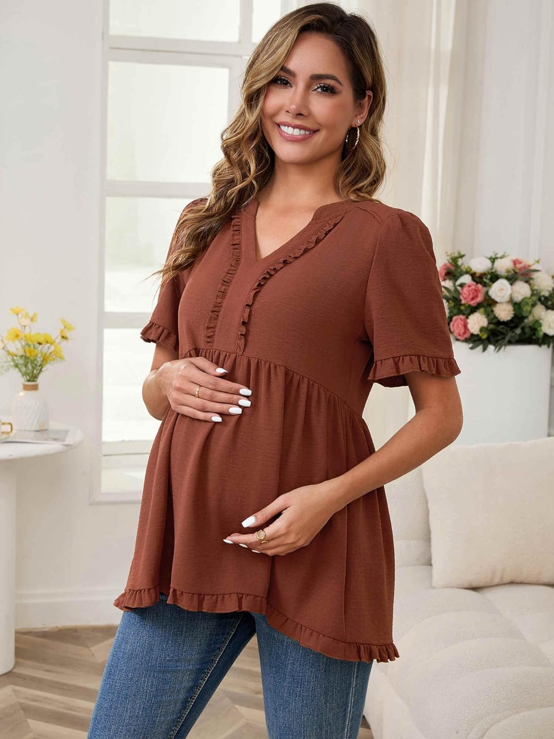 Women Maternity Blouses Boho Ruffled V Neck Short Sleeve Shirts Flowy Loose Casual Tops Clothing 2025 - Image 2
