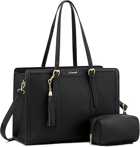 Miniatura 27 de LOVEVOOK Bolsa para laptop para mujer, bolsa de trabajo de cuero vintage de 17.3 pulgadas, bolsa de computadora de gran capacidad con bolso de mano
