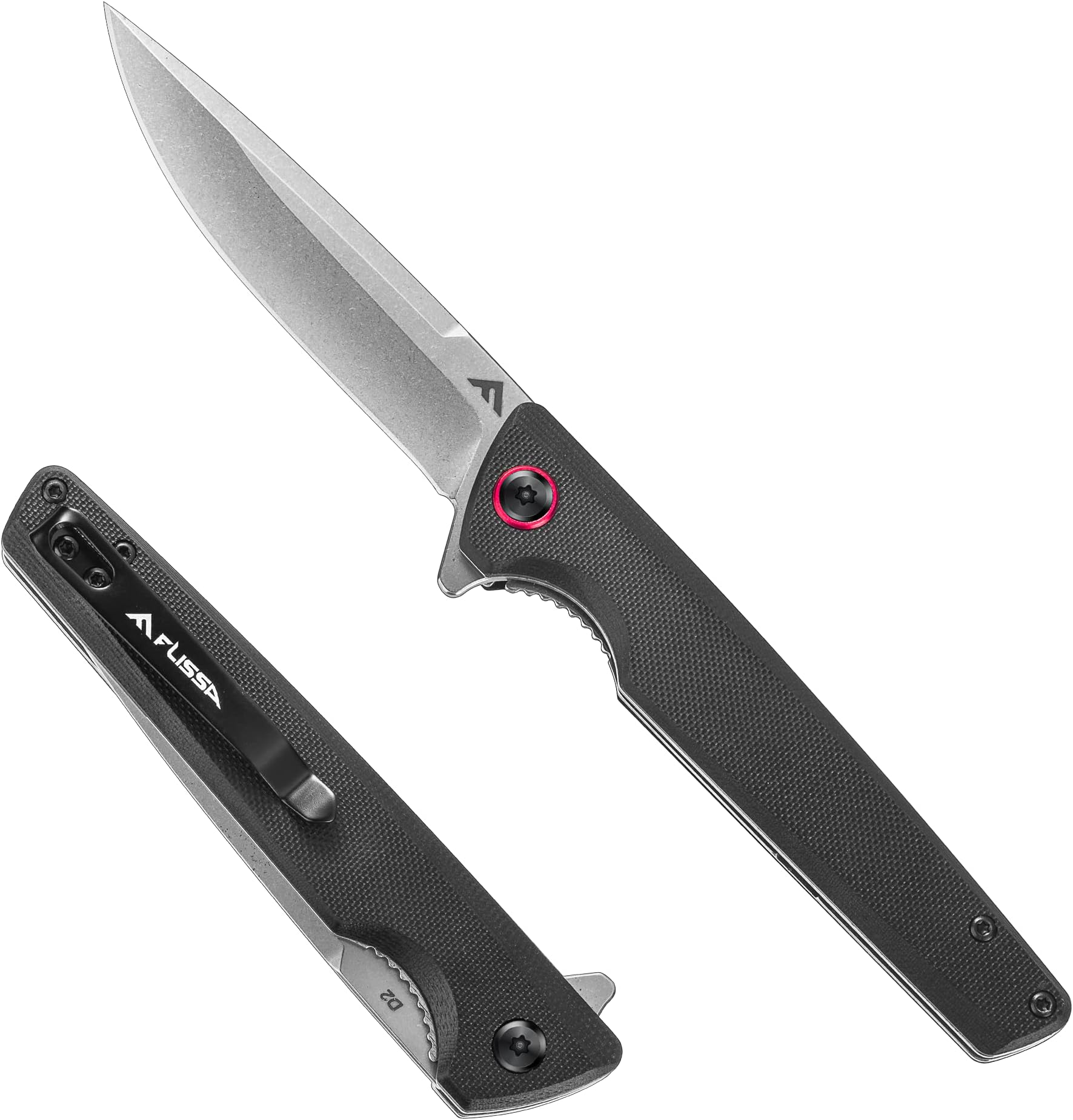 FLISSA Pocket Knife, Folding EDC Knife, 4 inch D2 Blade, G10 Handle, for Outdoors, Hiking, Camping, Black