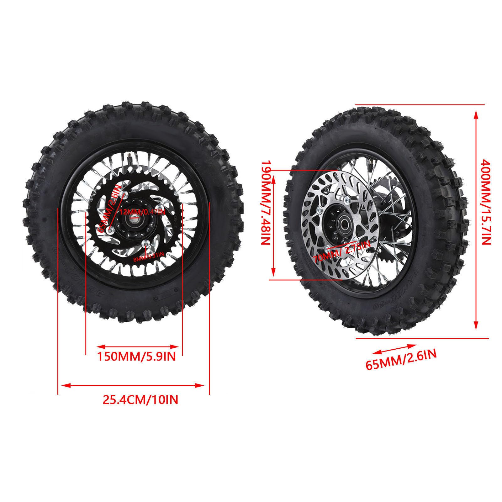 Keenso Conjunto de Neumático de Llanta de Rueda Trasera de 10 Pulgadas, 80 100 10 3.00 10 Diseñado con Precisión para Motos de Cross, con Eje de 12 Mm, Rotor de Freno de 190 Mm, Piñón