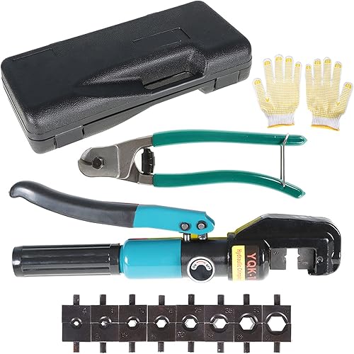 findmall Engarzadora de terminales de alambre hidráulico de 10 toneladas con 9 troqueles y cortador de cables para accesorios de barandilla de cable