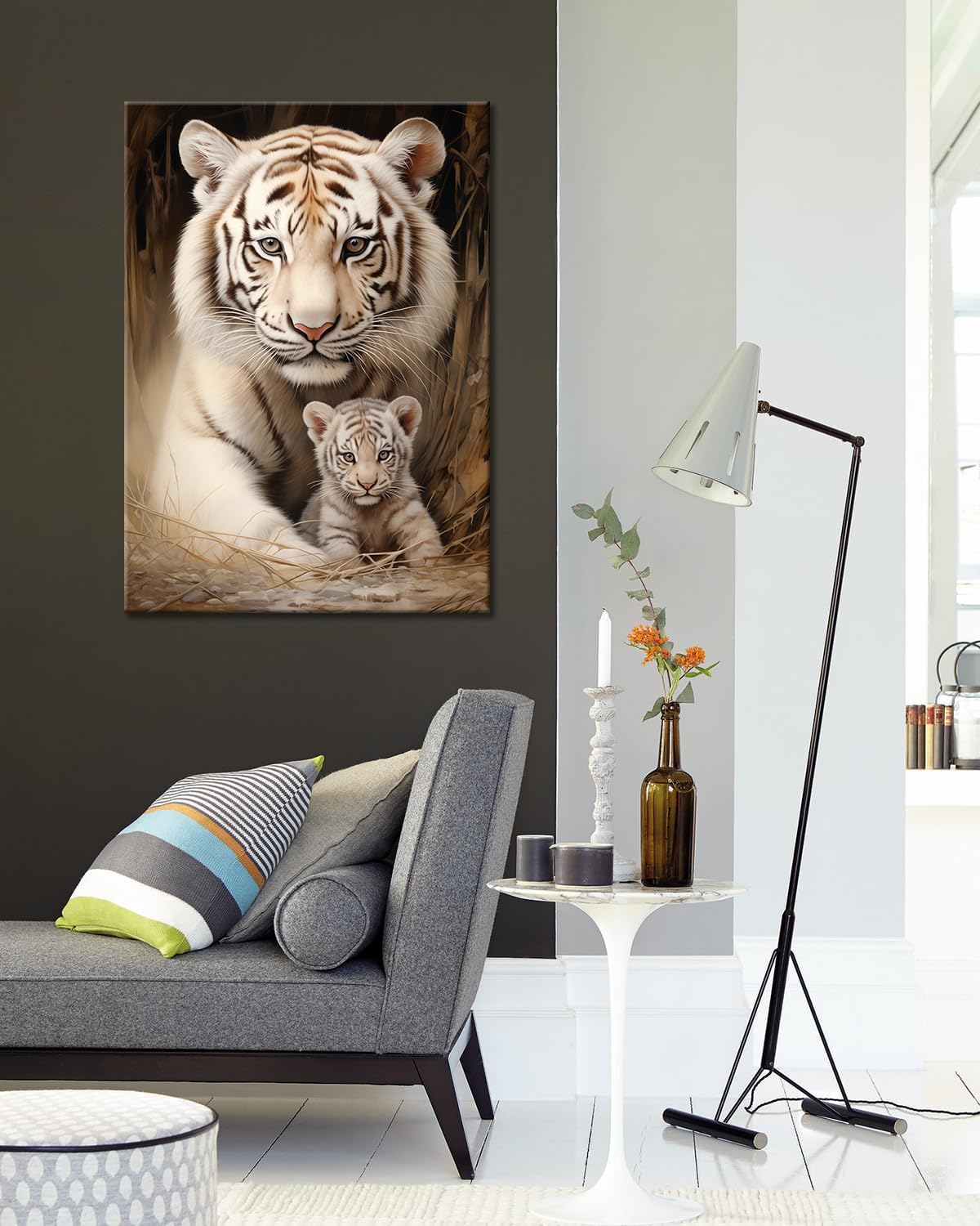 GLOKAKA White Tiger Canvas Wall Art Tiger Mother and Baby Lovely Cats Animal Picture Painting Large Animal Family Wall Decor Gallery Artwork for Bedroom Living Room Ready to Hang